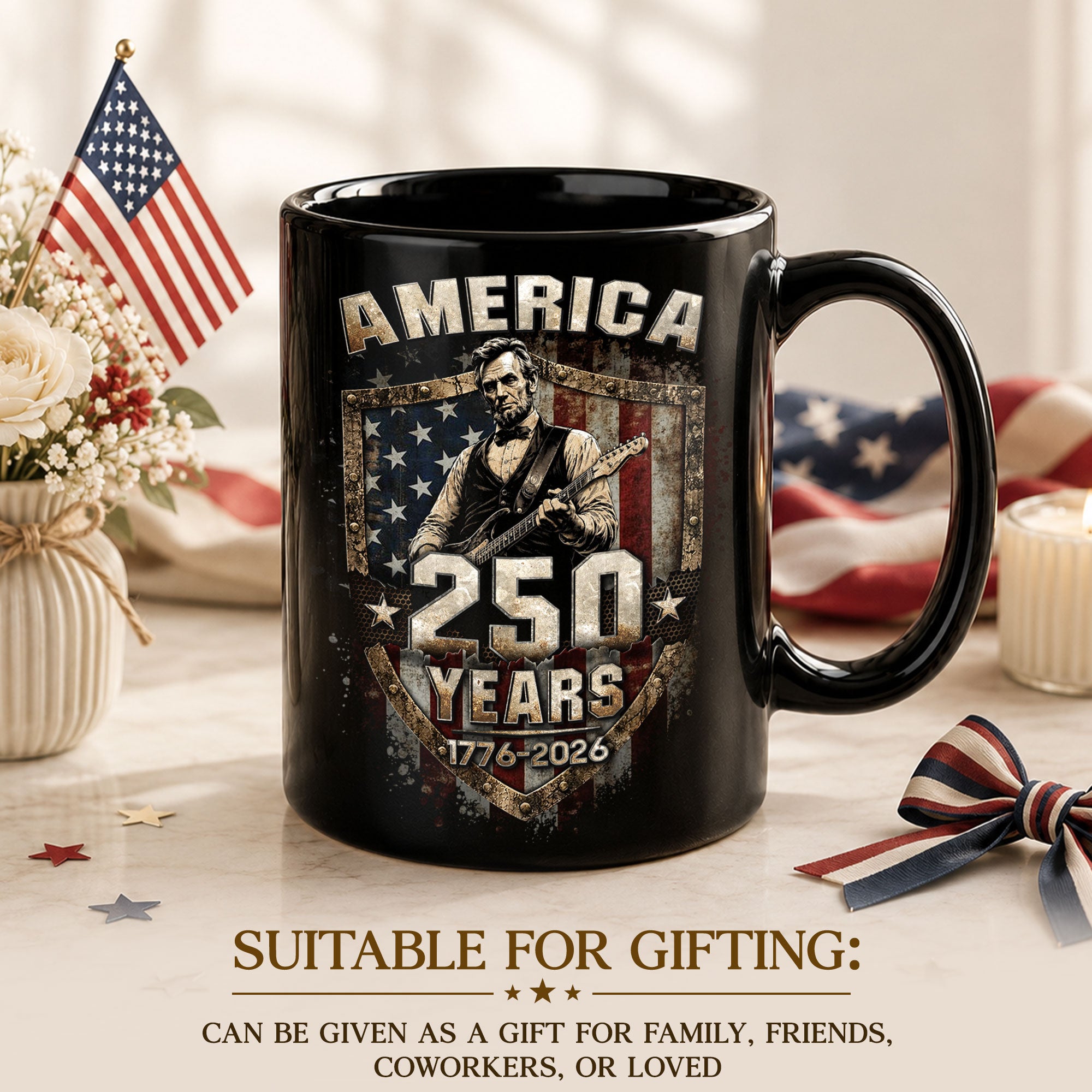 Patriotic Lincoln Guitar Ceramic Mug - Vintage Flag Graphic Beverage Cup for Fans