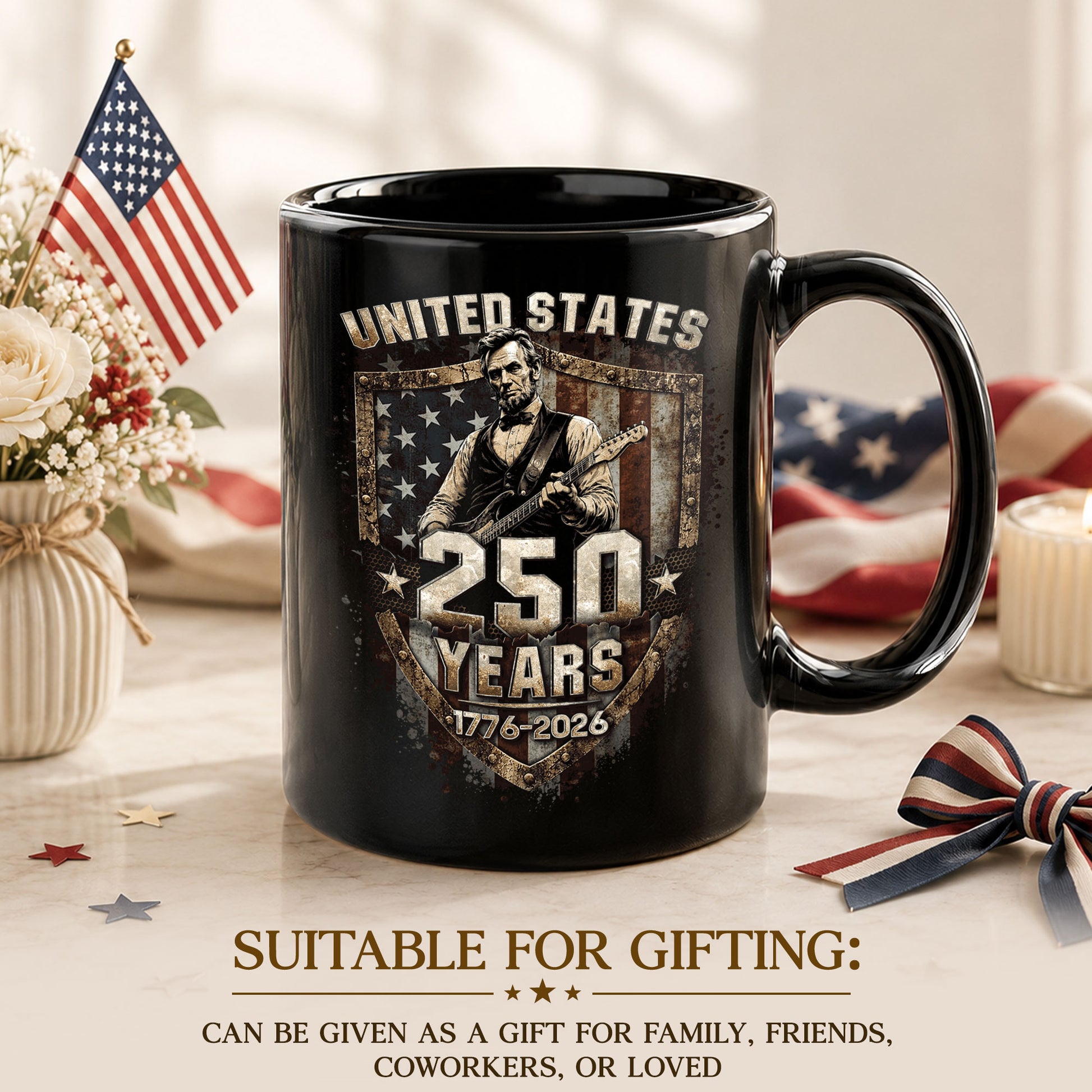 Patriotic Lincoln Guitar Ceramic Mug - Vintage Flag Graphic Beverage Cup for Fans - Rust Field Wear