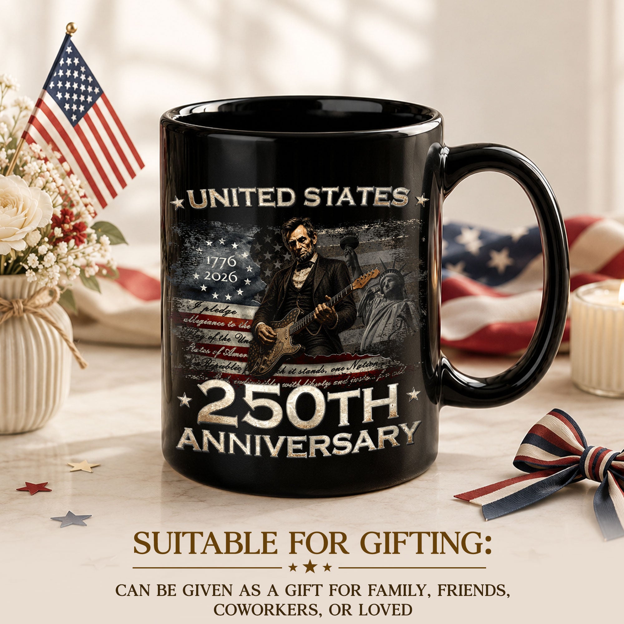 Unique Lincoln Guitar Ceramic Mug - Patriotic Statue of Liberty Vintage Graphic Cup