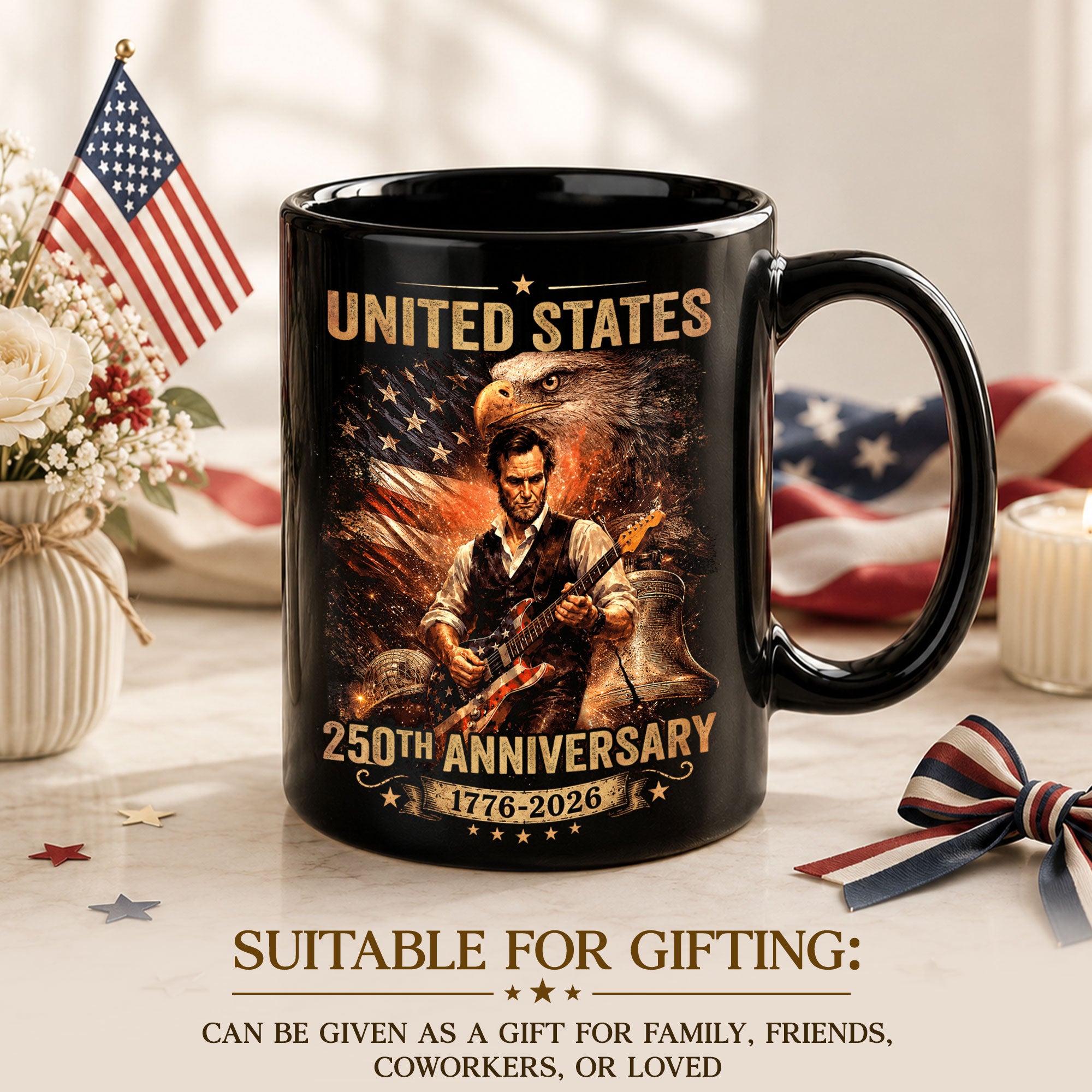 Patriotic Lincoln Guitar Ceramic Mug - Eagle Flag 1776-2026 Anniversary Beverage Cup