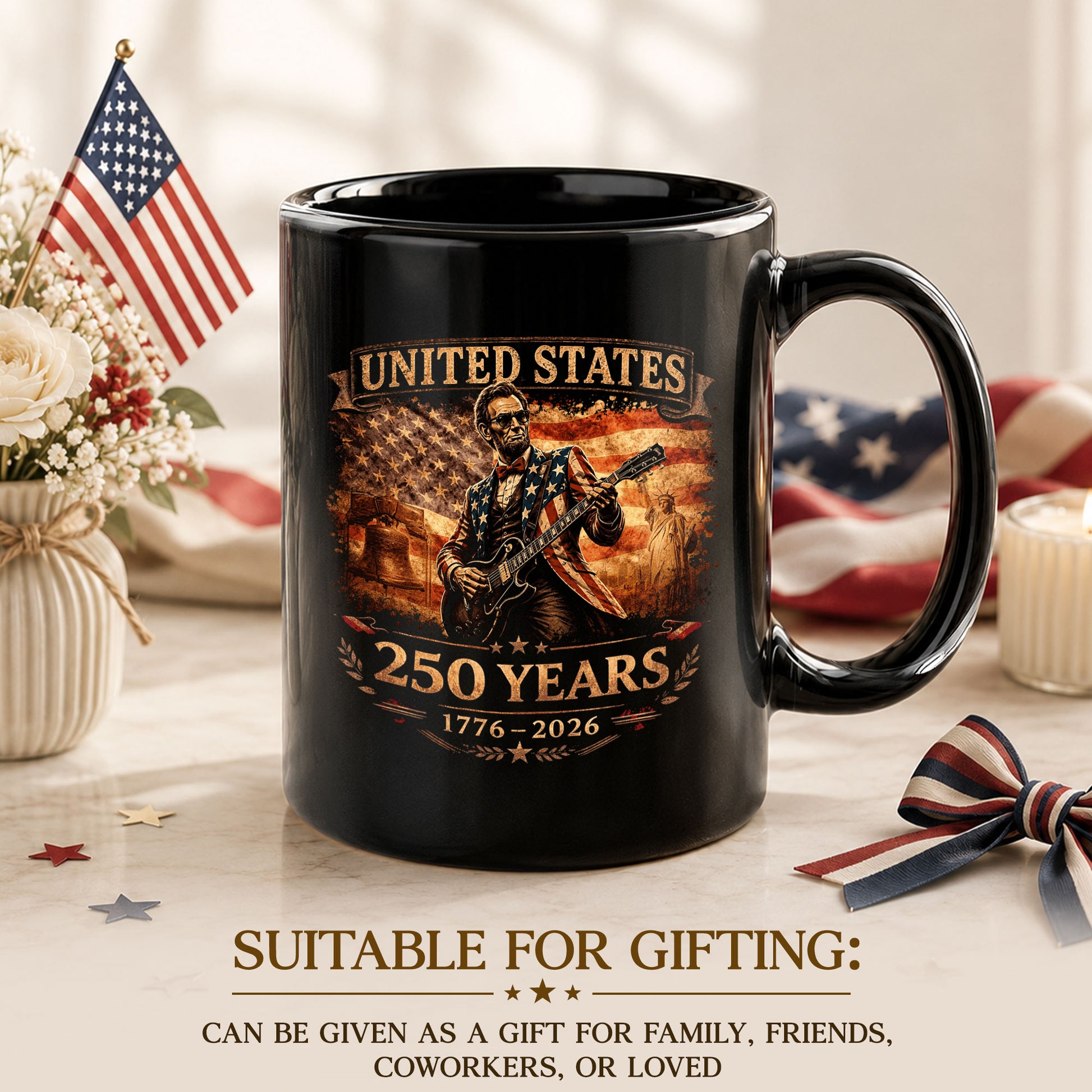 Lincoln Guitar Ceramic Mug - Patriotic Statue Liberty Flag Vintage Beverage Cup - Rust Field Wear