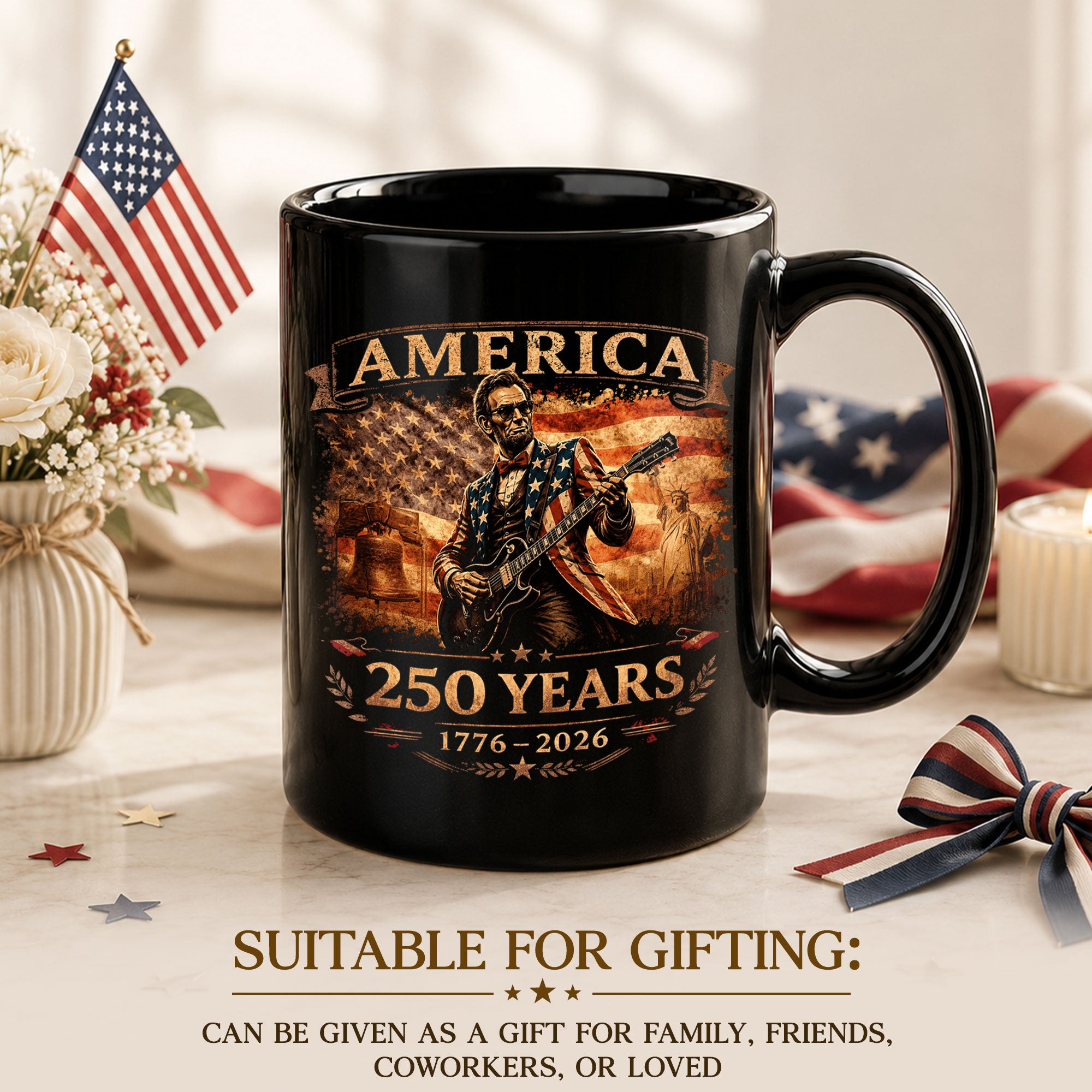 Lincoln Guitar Ceramic Mug - Patriotic Statue Liberty Flag Vintage Beverage Cup