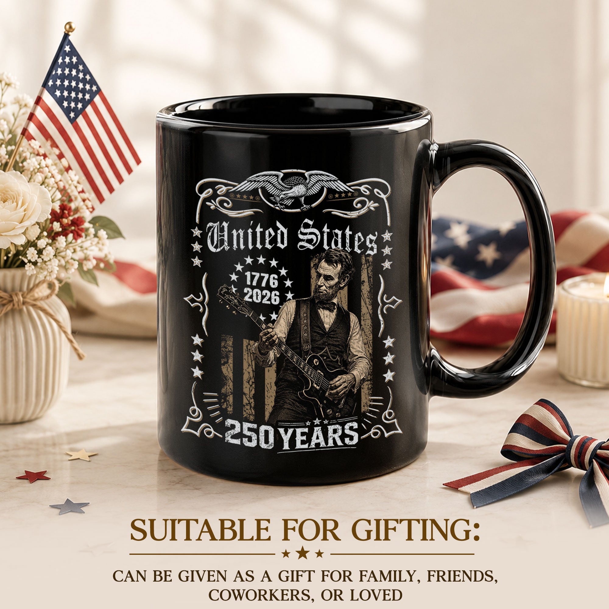 Historic Lincoln Guitar Ceramic Mug - Patriotic Eagle Flag Anniversary Beverage Cup - Rust Field Wear