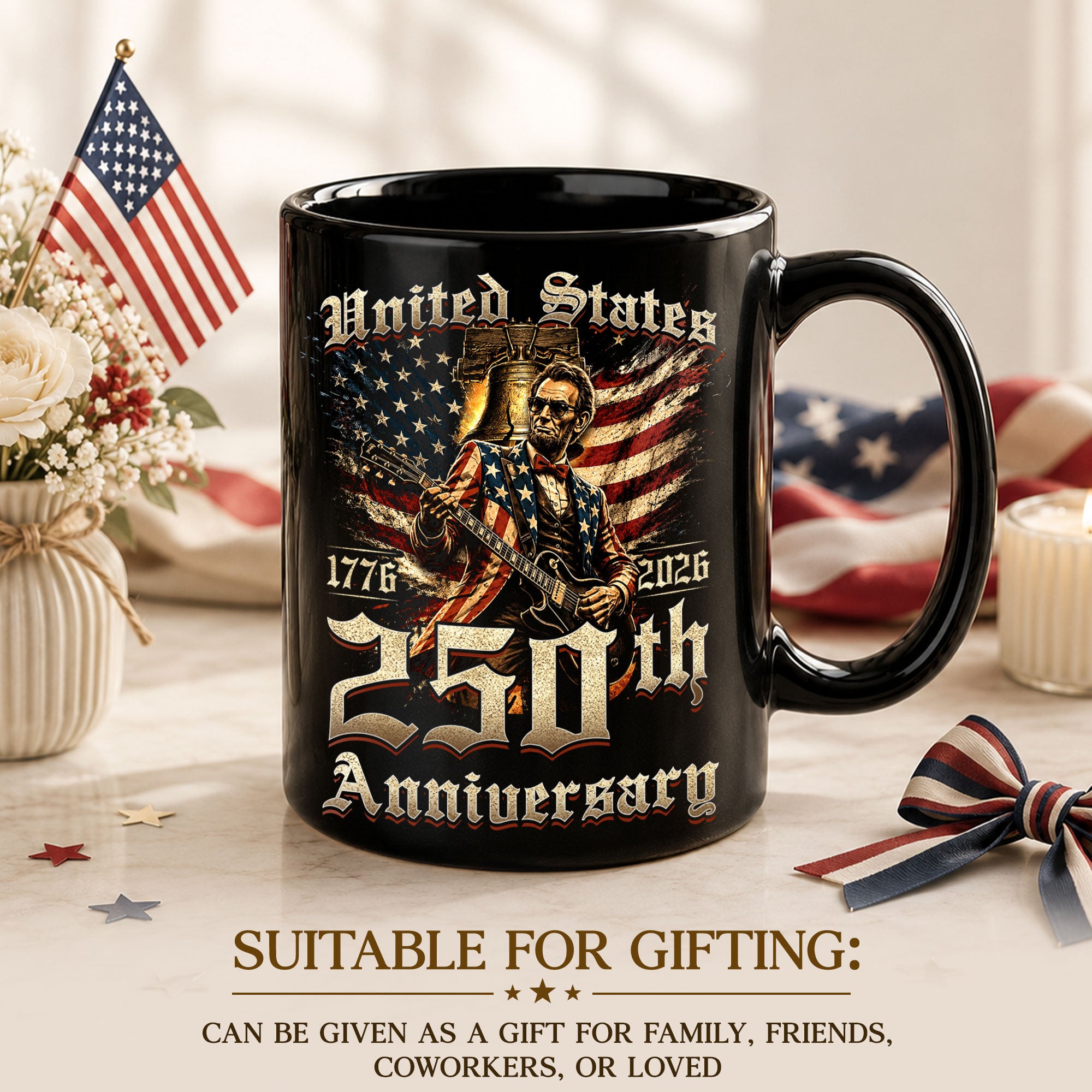 250th Anniversary Mug 1776-2026 Patriotic US Flag Abraham Lincoln Rock Guitar Gift