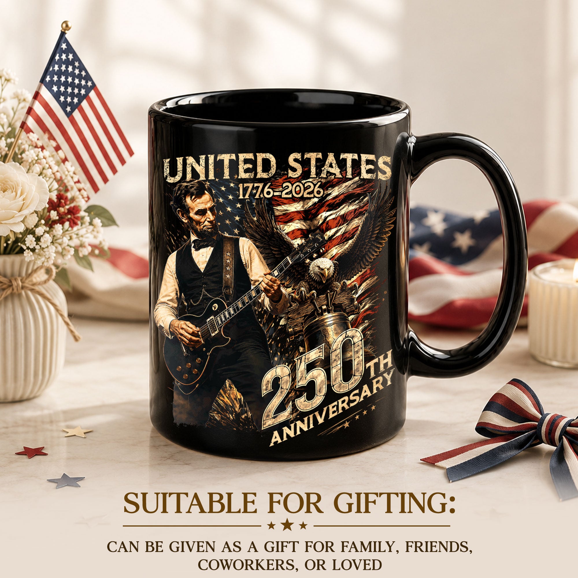 US 250th Anniversary Mug 1776-2026 Vintage United States Lincoln Guitar Bald Eagle Bell