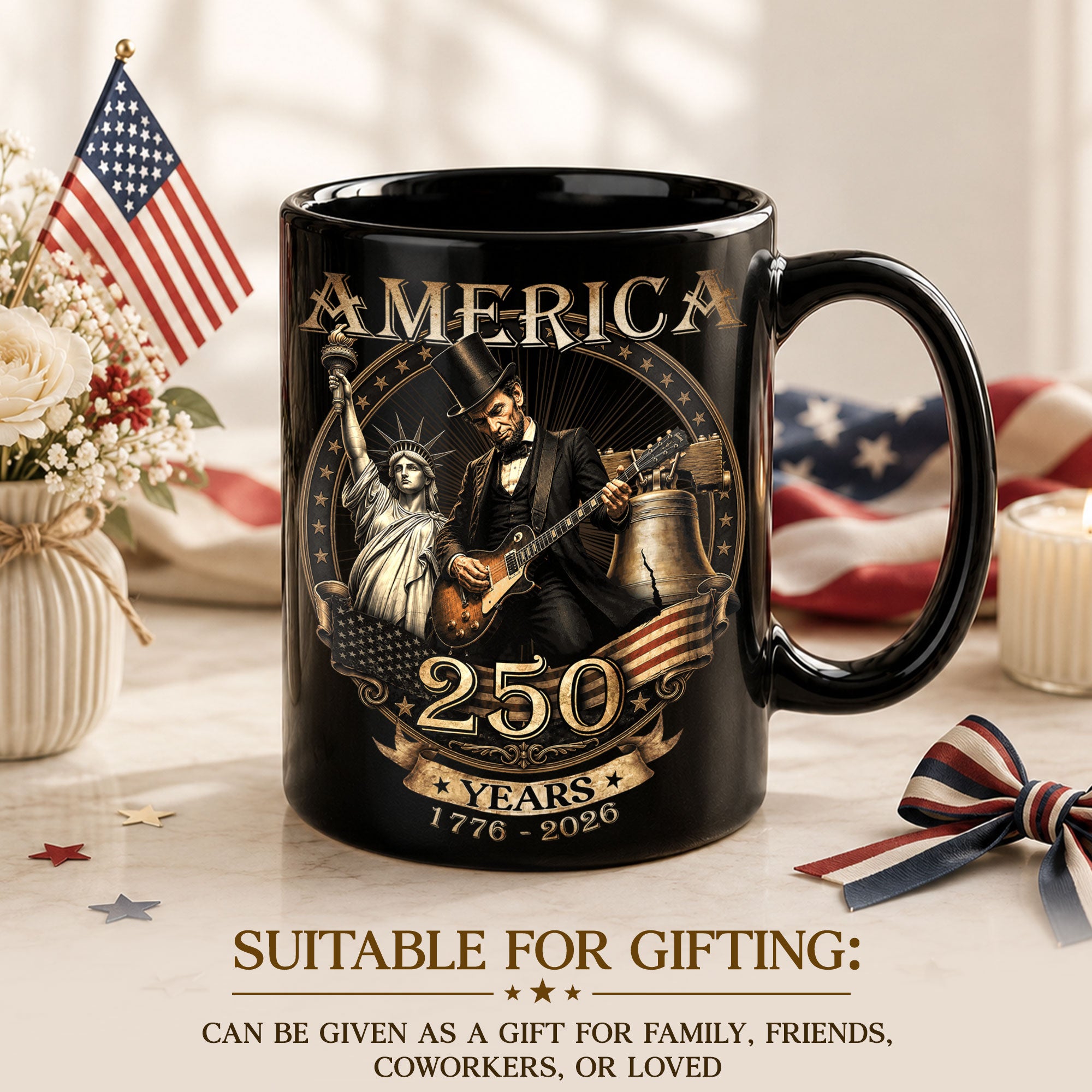 Patriotic Mug 250 Years 1776-2026 United States Statue Of Liberty Lincoln Rock Guitar