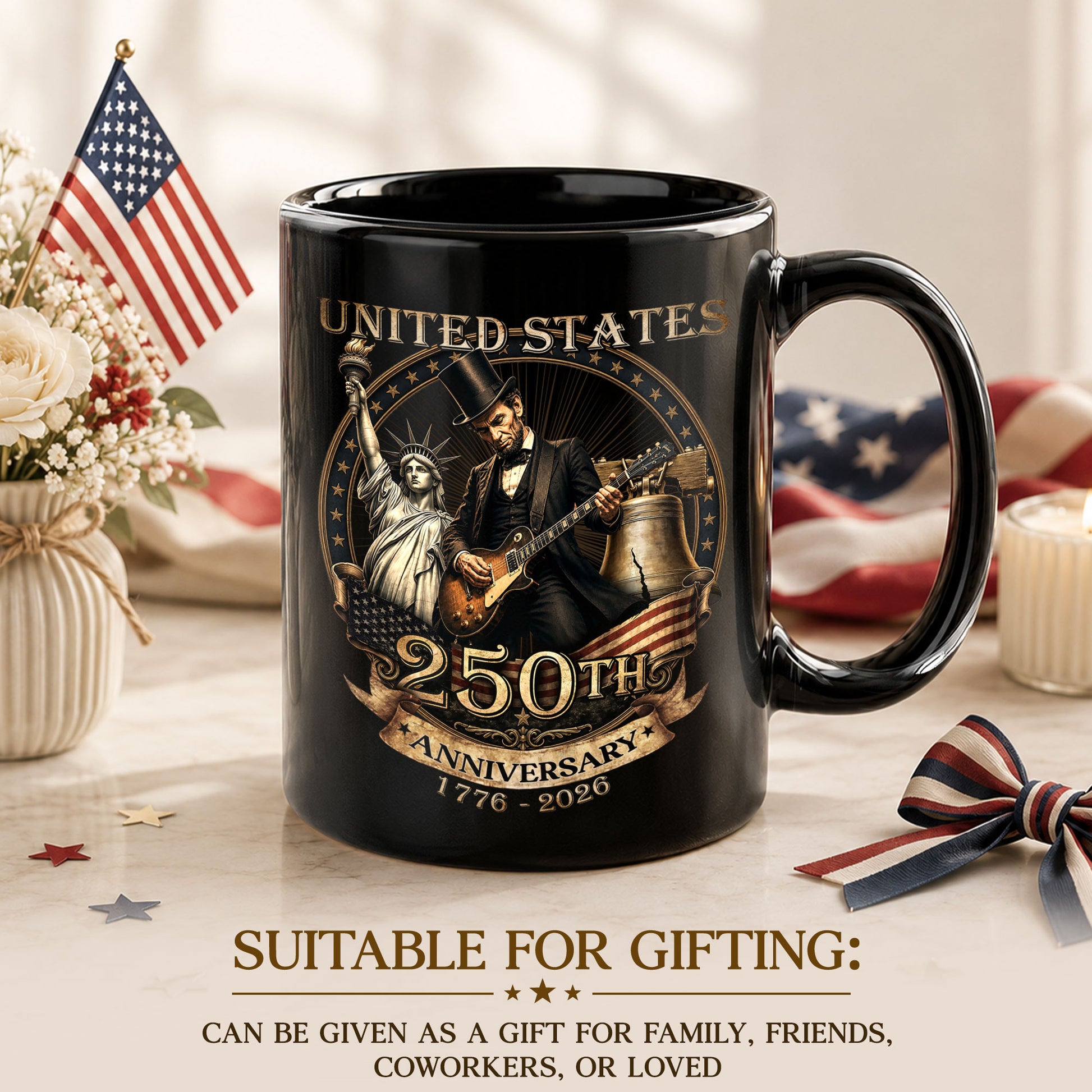 Patriotic Mug 250 Years 1776-2026 United States Statue Of Liberty Lincoln Rock Guitar - Rust Field Wear