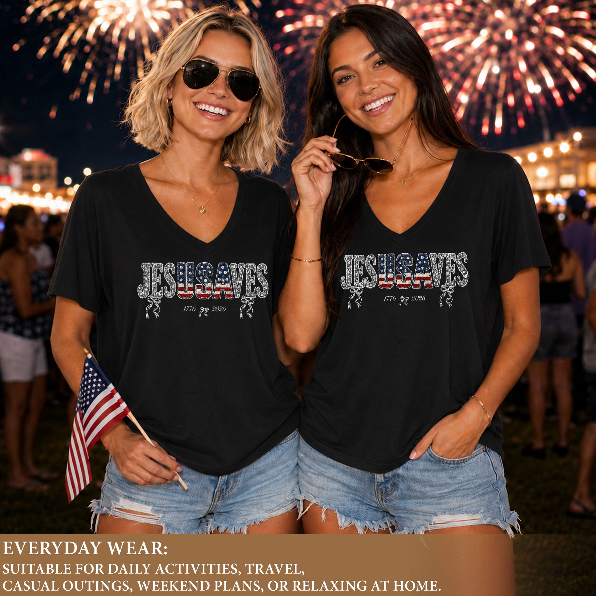 Jesus Saves Patriotic V-Neck Tee - 1776-2026 American Faith & Freedom Graphic Cotton Shirt