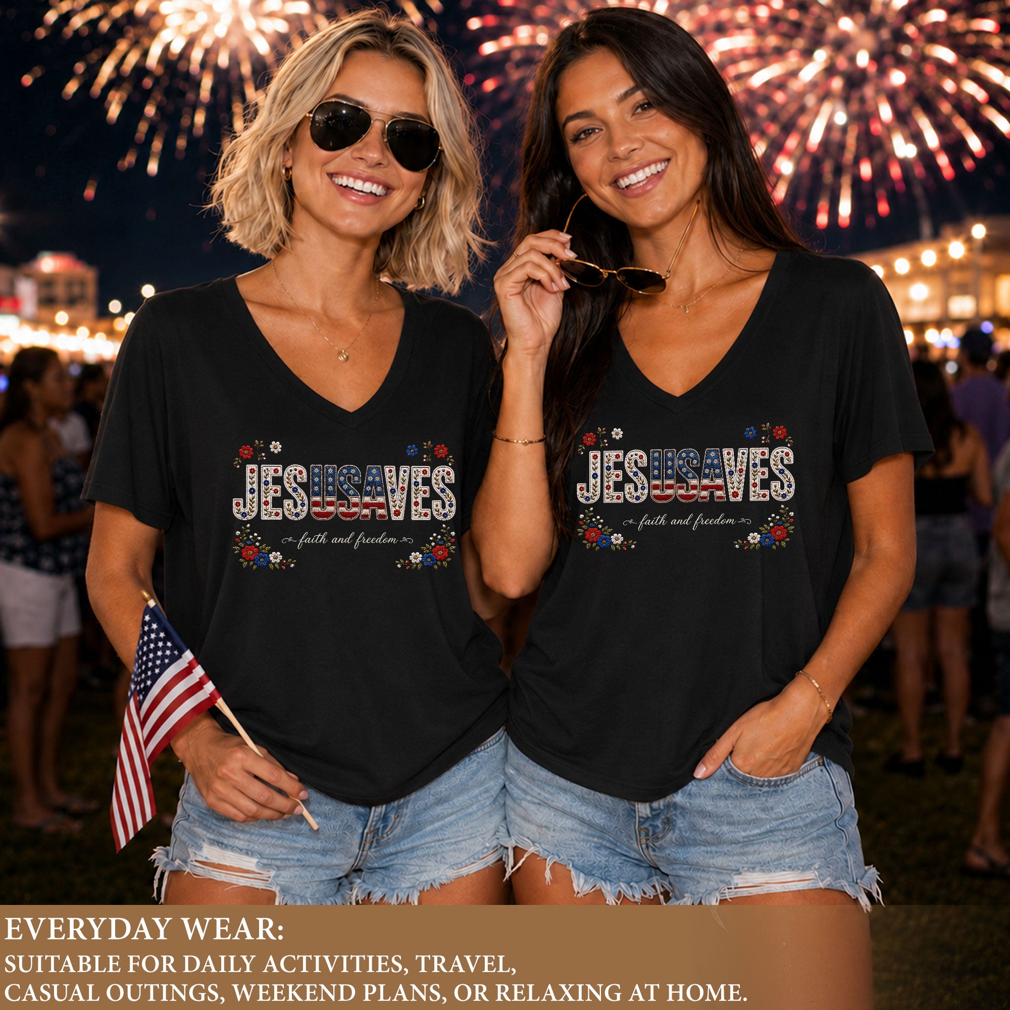 Jesus Saves Patriotic V-Neck Tee - 1776-2026 American Faith & Freedom Graphic Cotton Shirt
