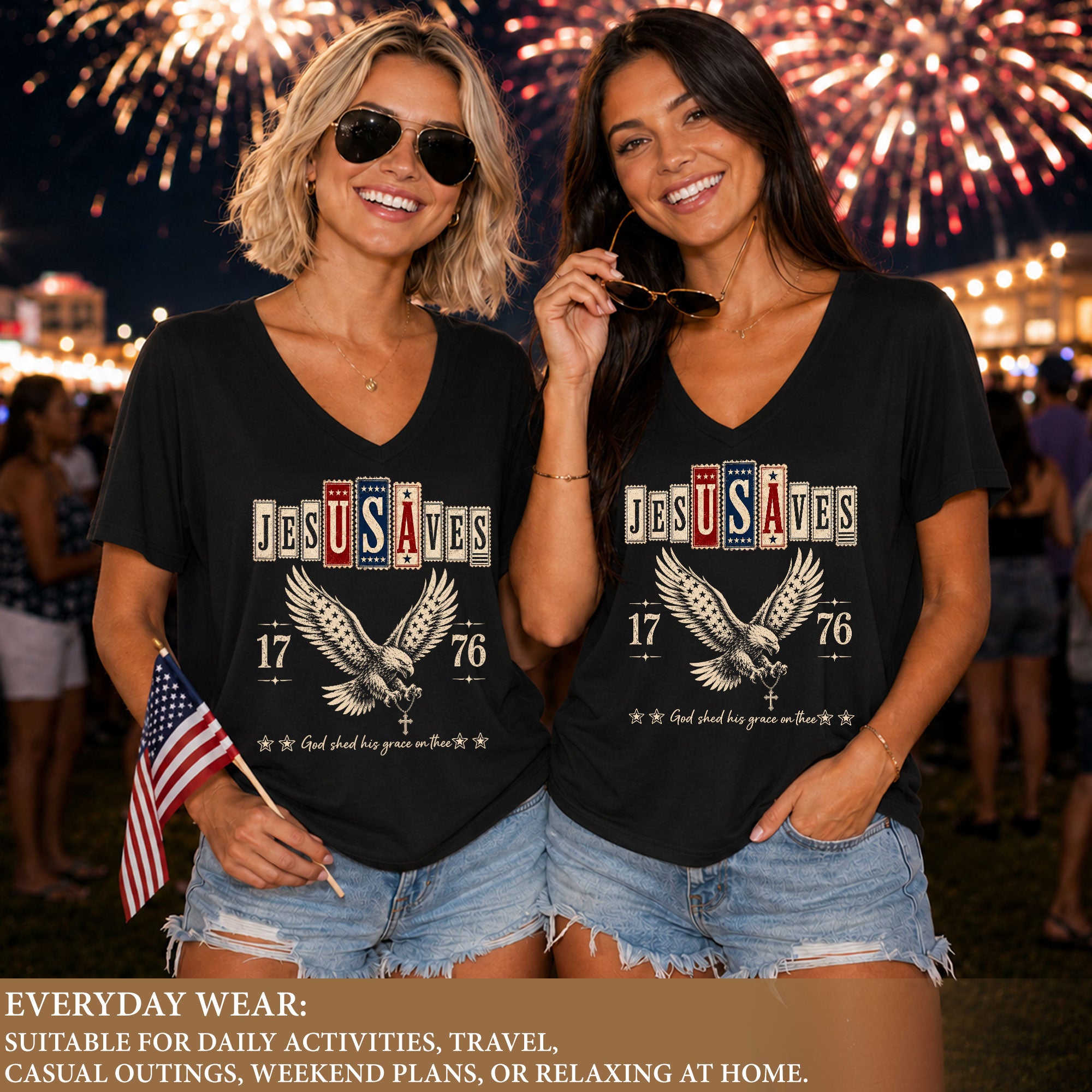 Jesus Saves Patriotic V-Neck Tee - Eagle & Cross 1776 American Heritage Graphic Cotton Shirt