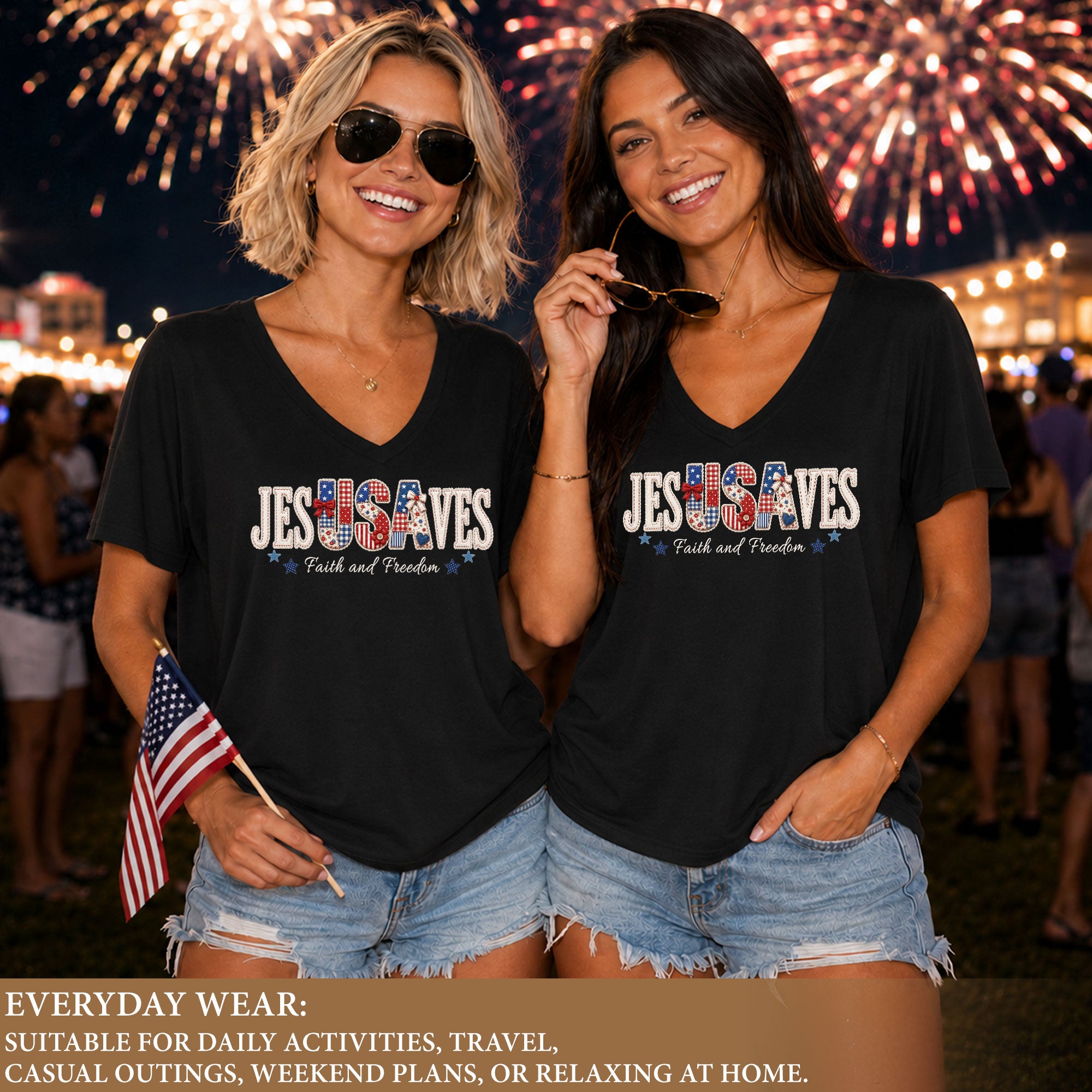 Jesus Saves Faith and Freedom V-Neck Tee - Patriotic Quilt Style Graphic Cotton Apparel