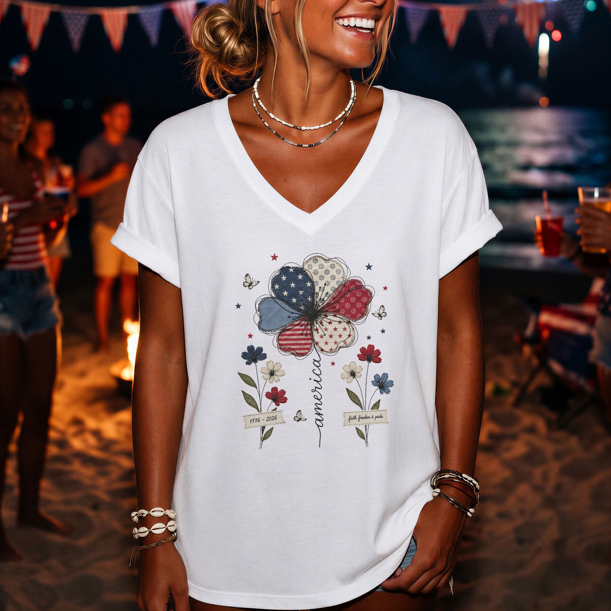 Patriotic V-Neck T-Shirt – Vintage Floral 1776-2026 Anniversary Graphic Tee for Women - Rust Field Wear