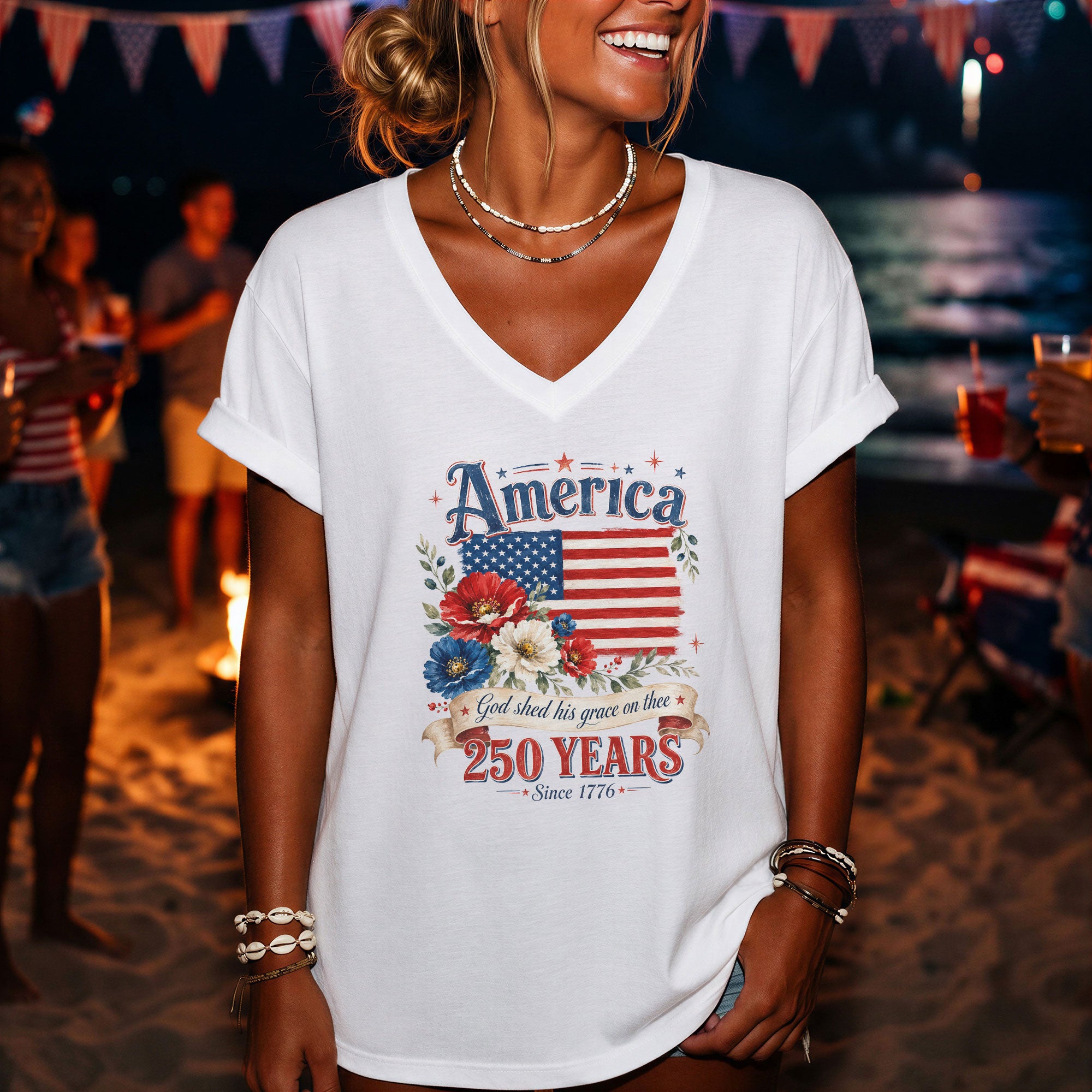 250 Years Since 1776 V-Neck T-Shirt – God Shed His Grace on Thee Patriotic Graphic - Rust Field Wear