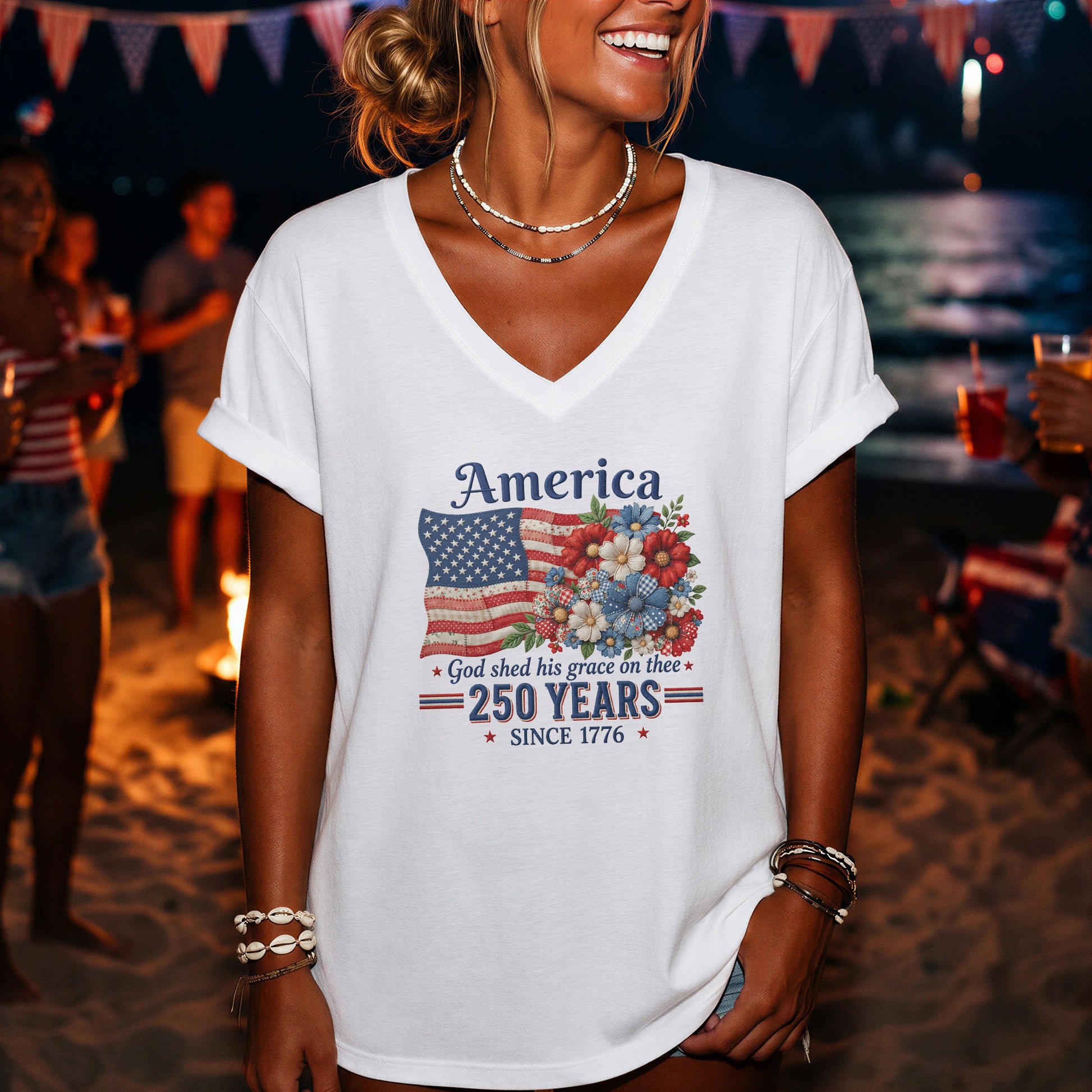 Patriotic Floral V-Neck T-Shirt – 250 Years Since 1776 God Shed His Grace on Thee - Rust Field Wear