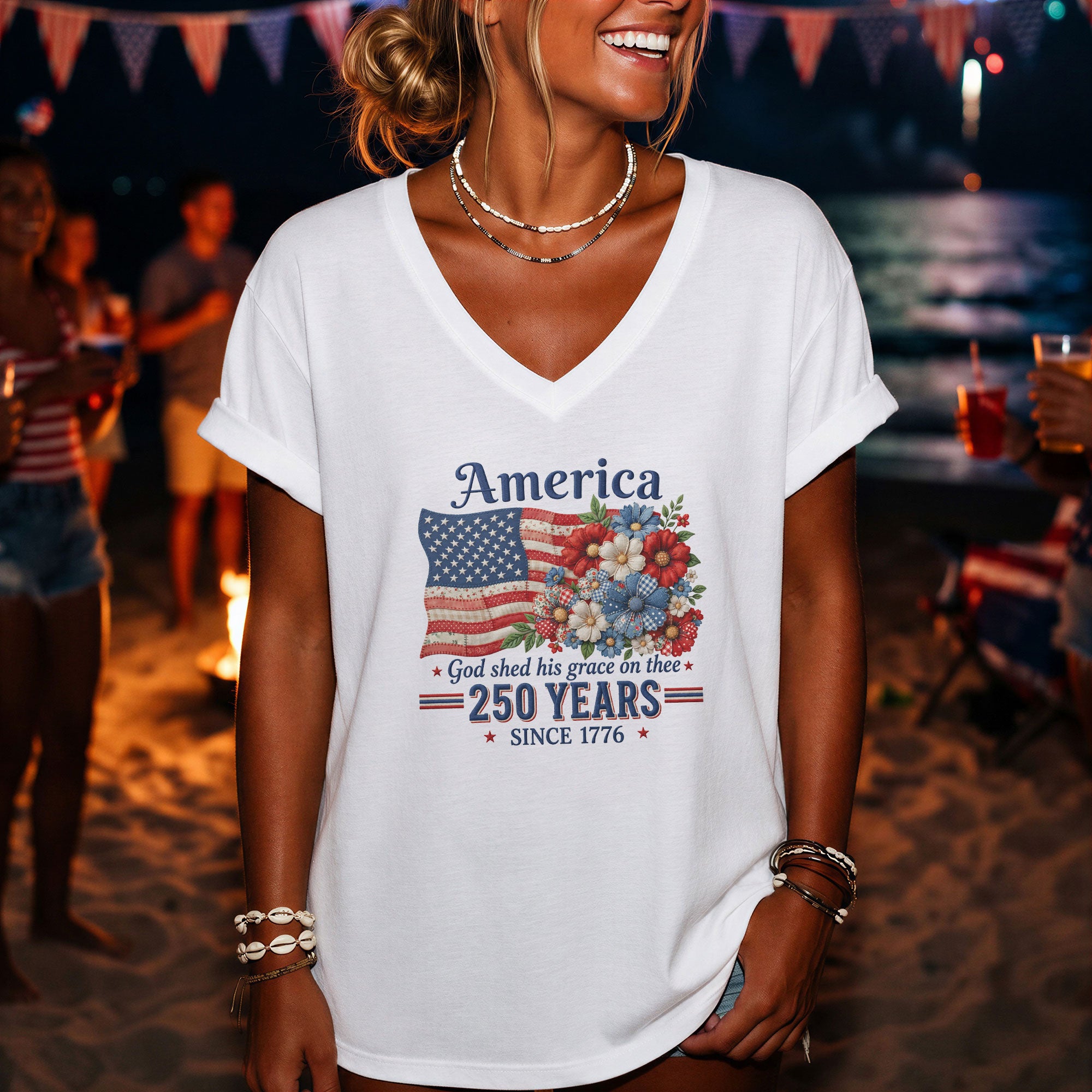 Patriotic Floral V-Neck T-Shirt – 250 Years Since 1776 God Shed His Grace on Thee - Rust Field Wear