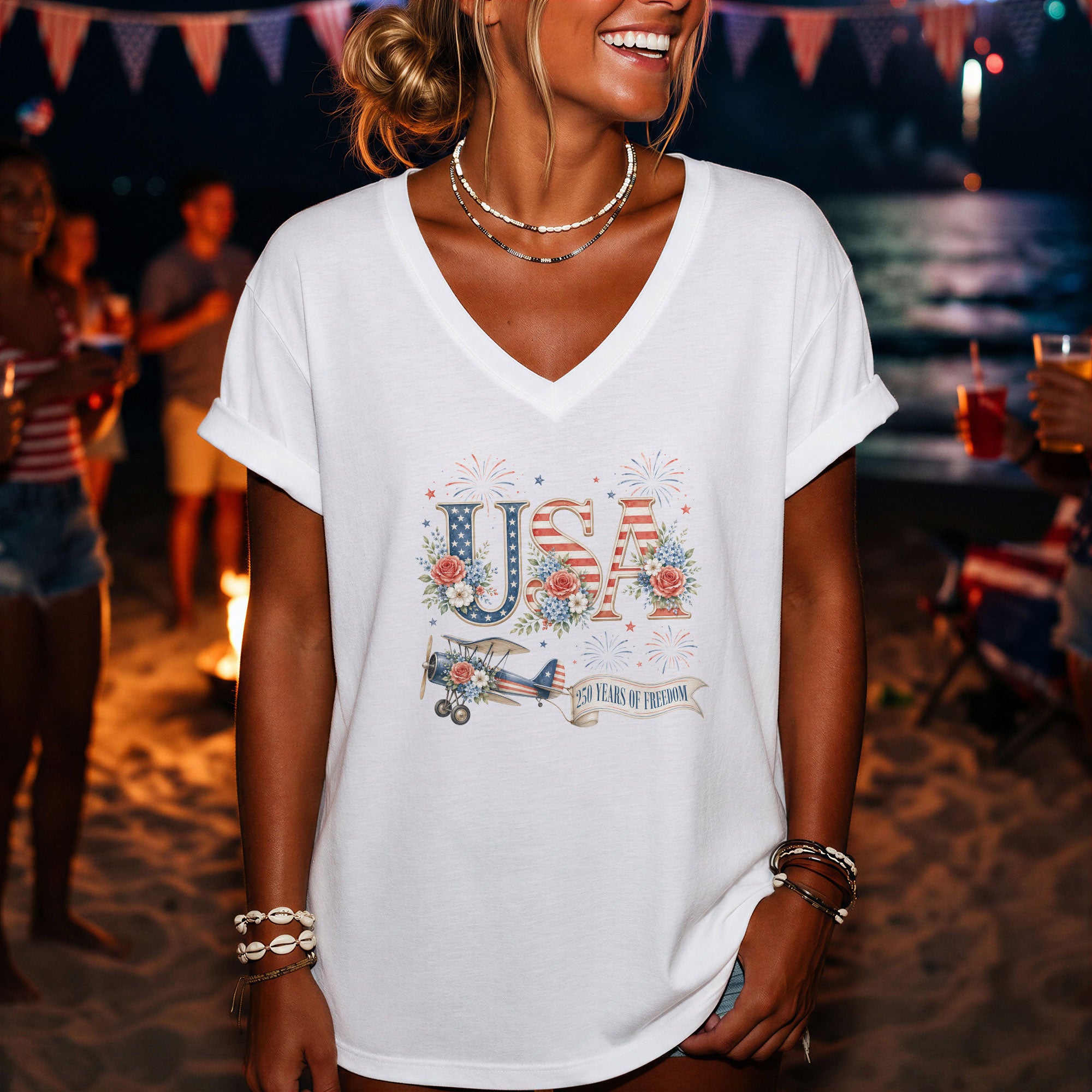 Floral USA 250 Years of Freedom V-Neck Tee – Patriotic Women's Anniversary Graphic - Rust Field Wear