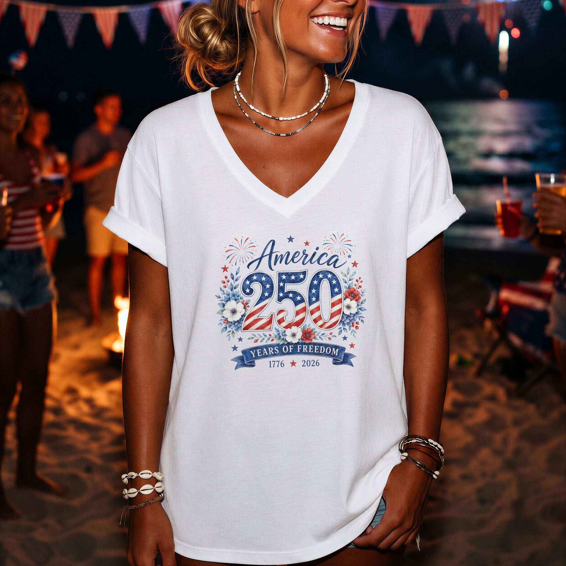 1776-2026 Floral V-Neck T-Shirt – Patriotic Years of Freedom Anniversary Tee - Rust Field Wear