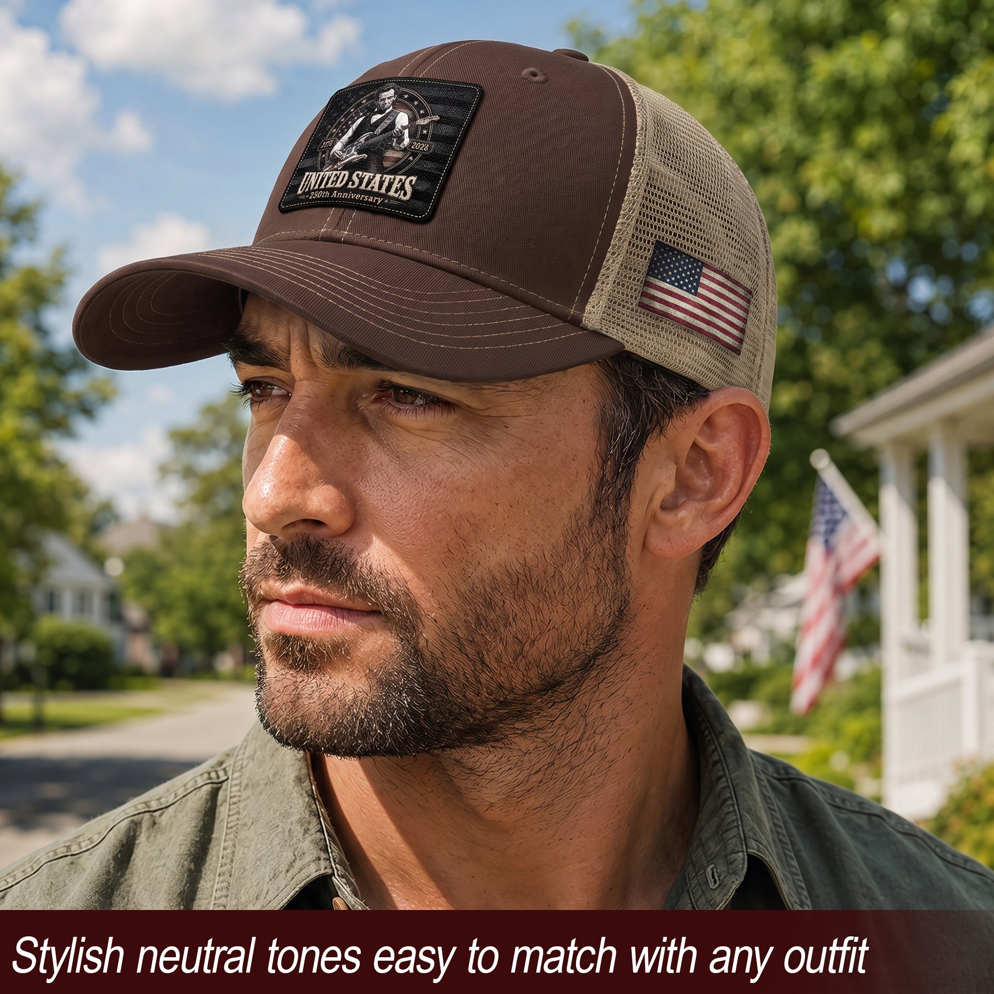 Brown Mesh Cap Abraham Lincoln Guitar 1776-2026 Anniversary Leather Patch Patriotic Hat - Rust Field Wear