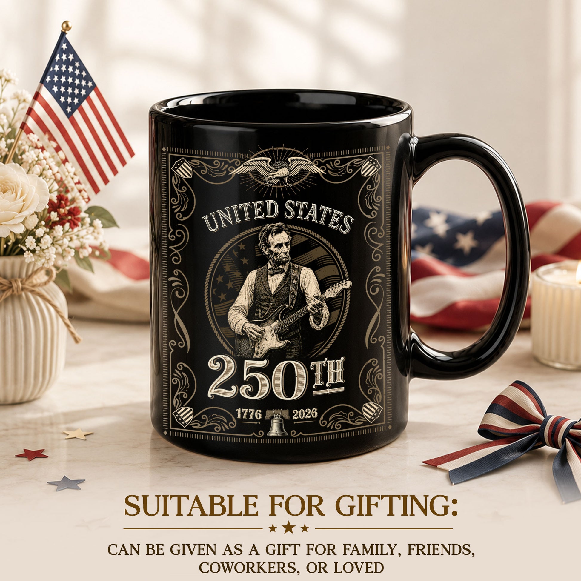 America's 250th Anniversary 1776-2026 Abraham Lincoln Guitar Patriotic Mug - Rust Field Wear