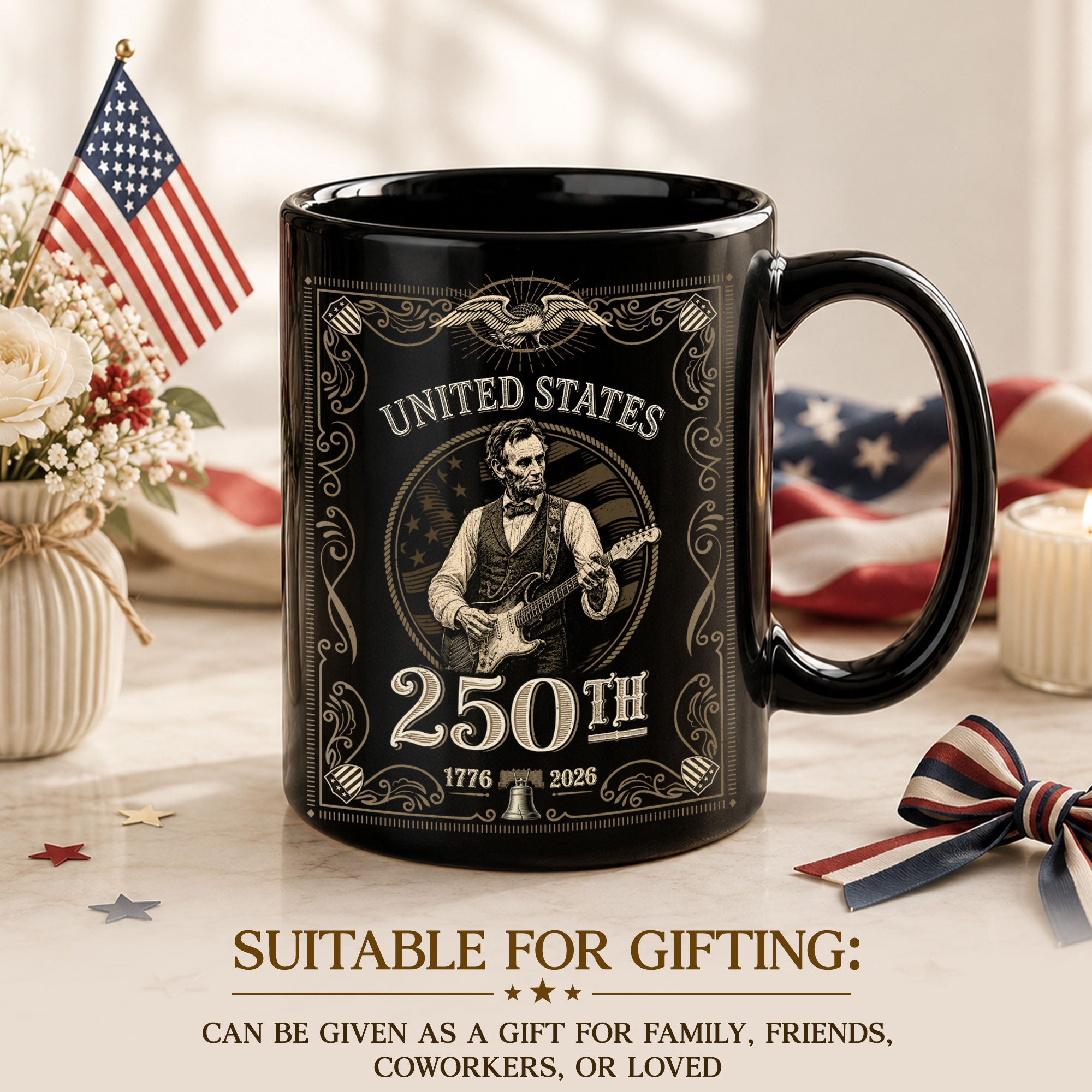 America's 250th Anniversary 1776-2026 Abraham Lincoln Guitar Patriotic Mug - Rust Field Wear