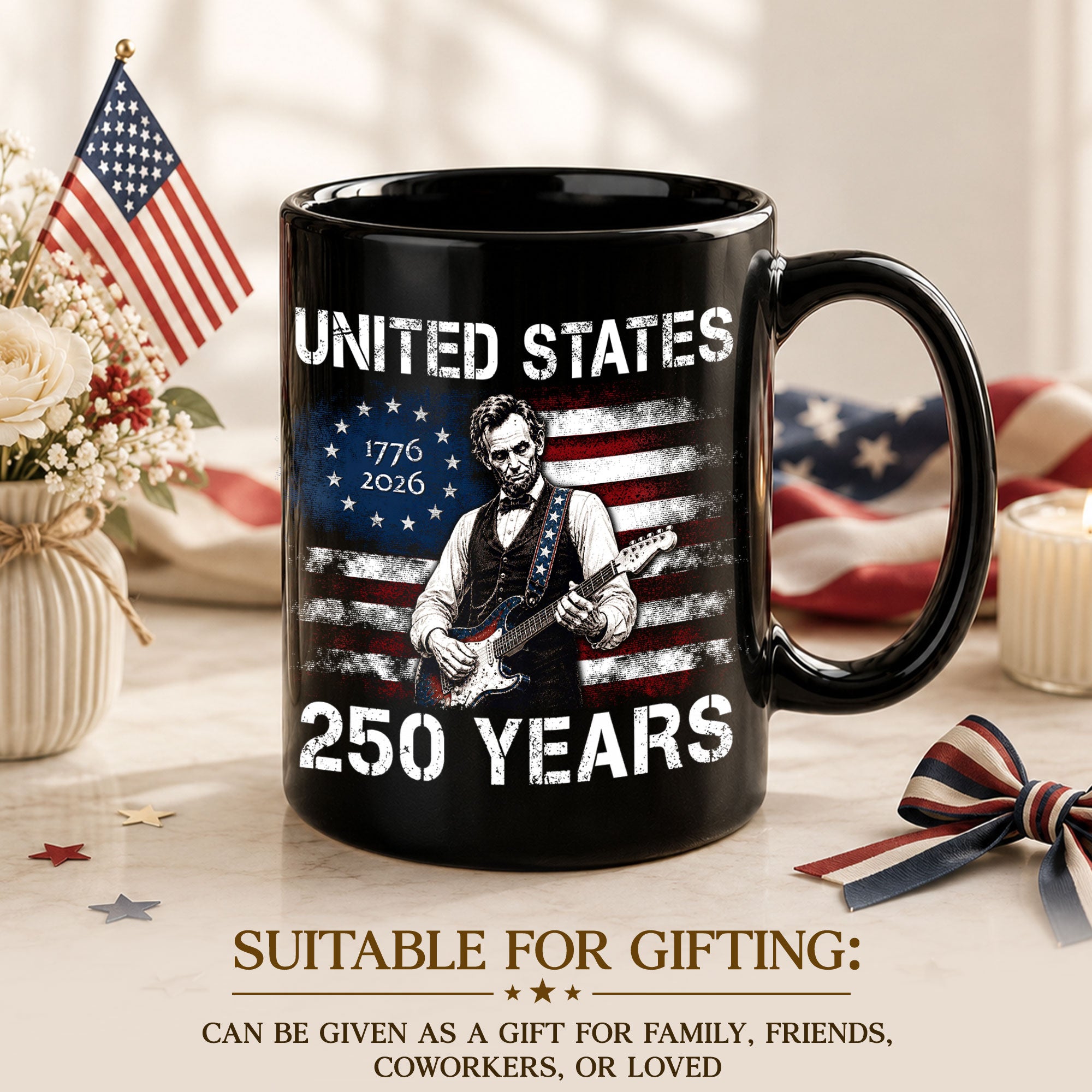 Abraham Lincoln Guitar 1776-2026 Anniversary Mug - Patriotic Drinkware for History Fans - Rust Field Wear