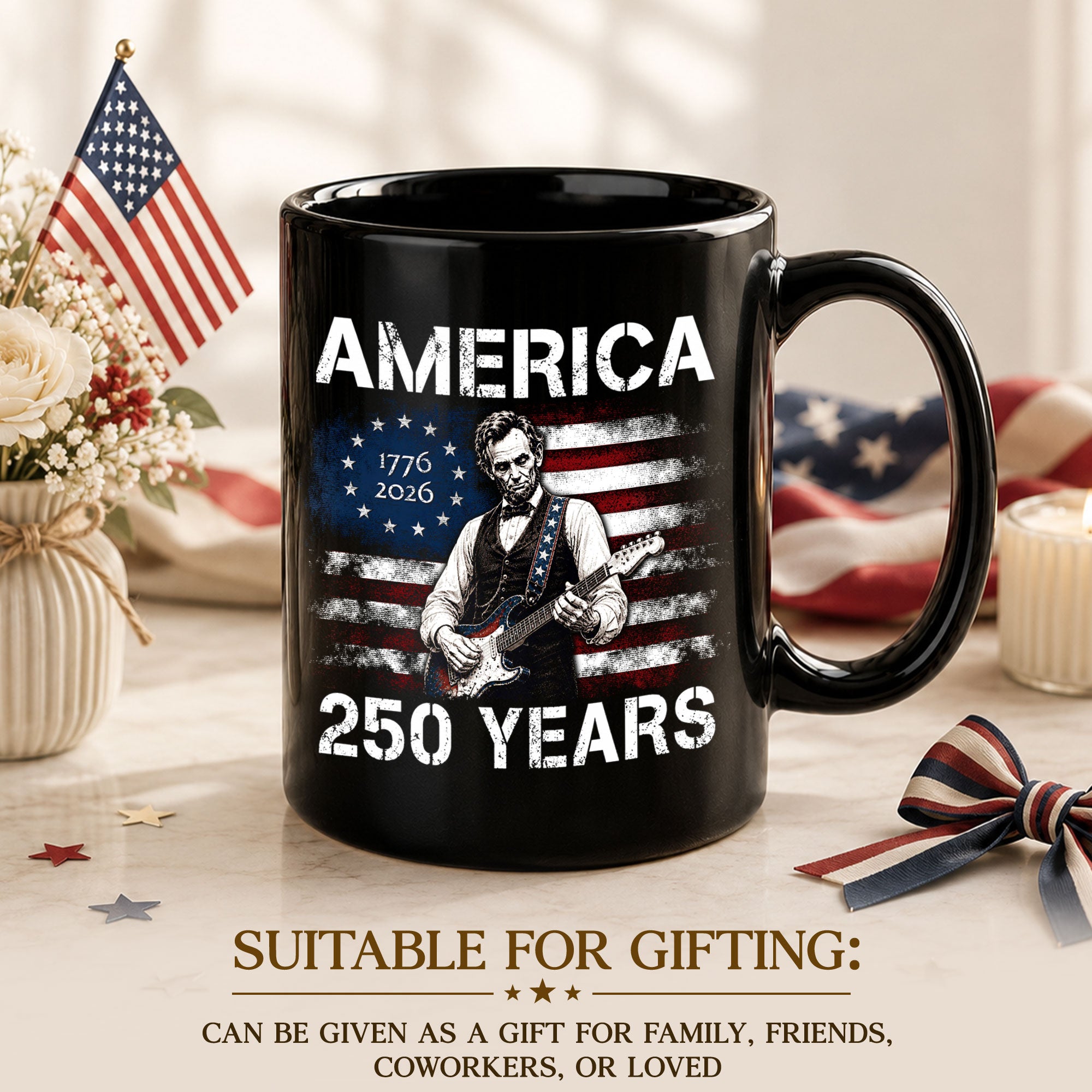 Mug: America 250 Years 1776-2026 Abraham Lincoln Guitar Patriotic Anniversary Gift