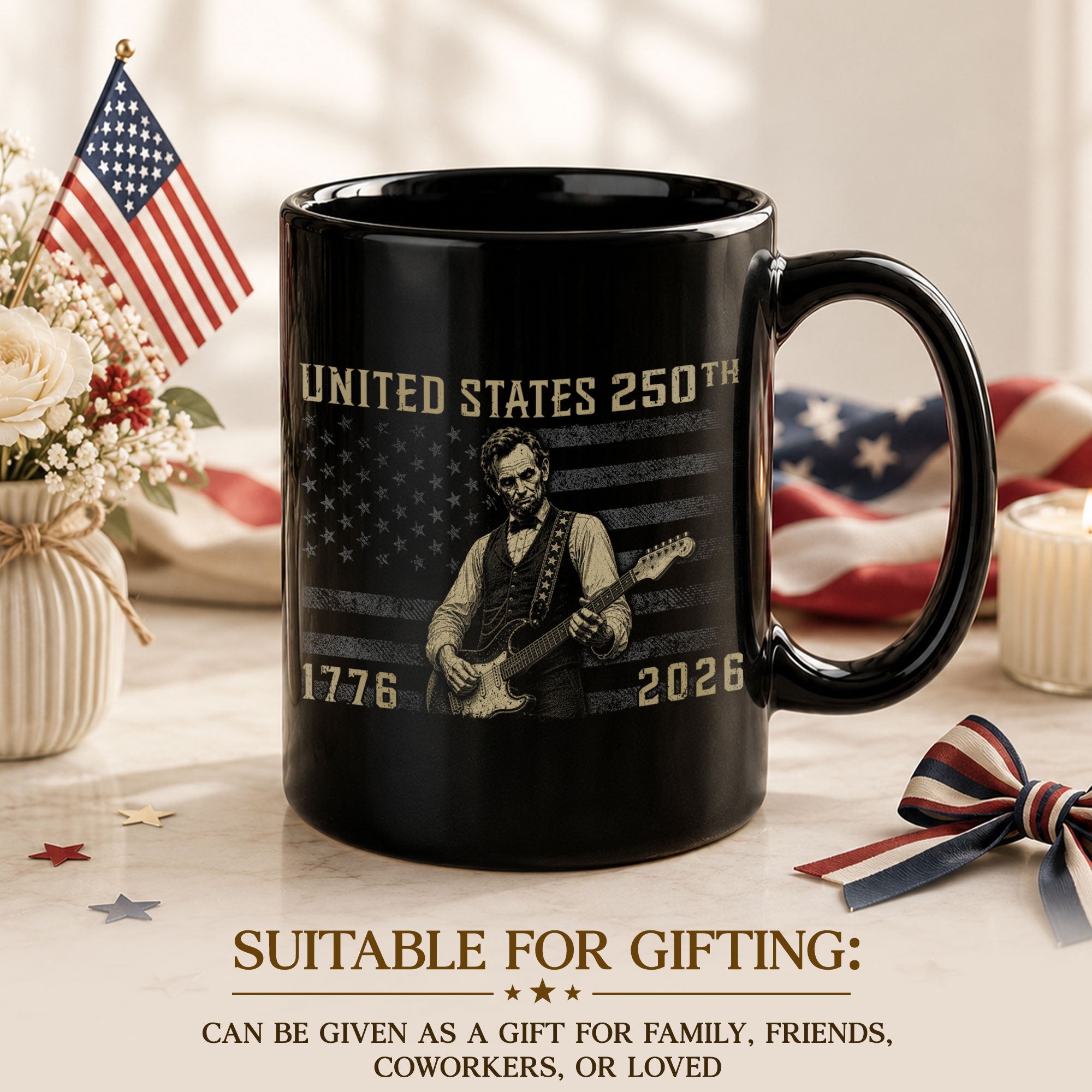 America 250th Anniversary 1776-2026 Abraham Lincoln Guitar Patriotic Mug Keepsake - Rust Field Wear