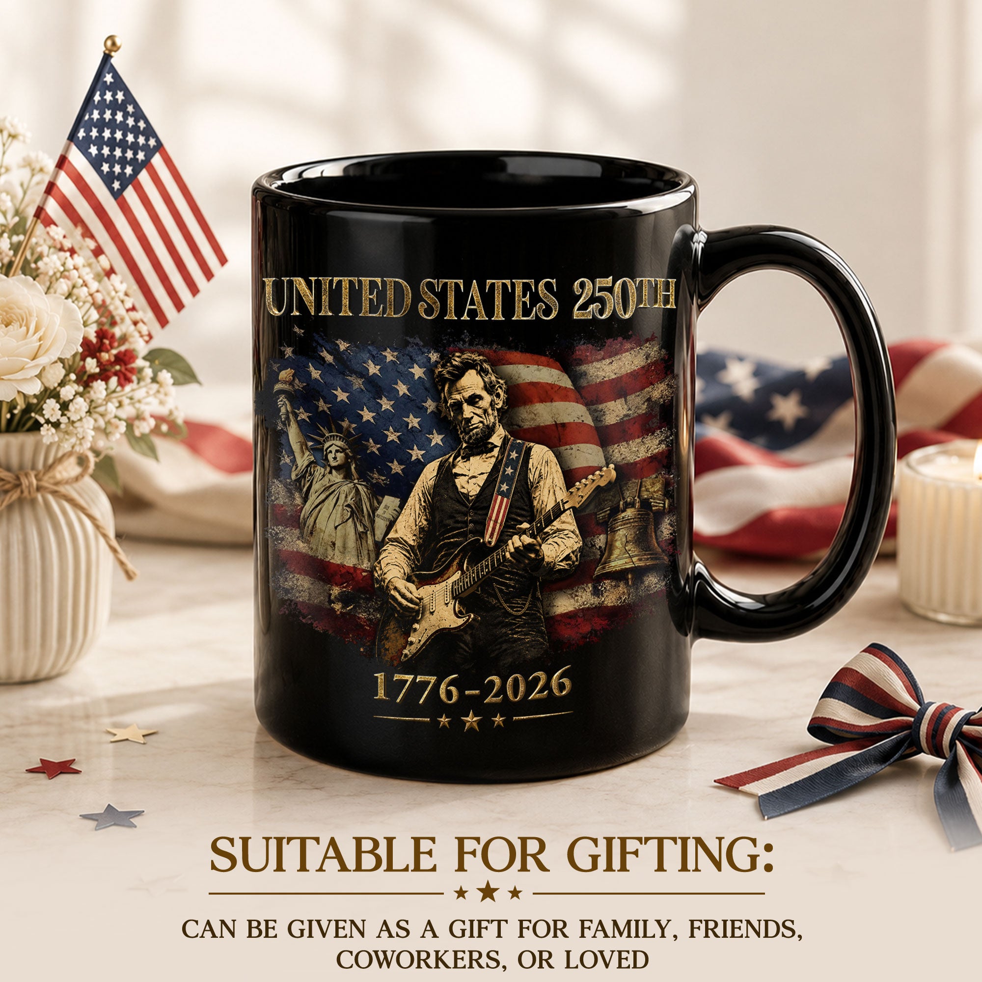 Historic USA 250th Anniversary 1776-2026 Lincoln Guitar Patriotic Symbols Mug Gift - Rust Field Wear