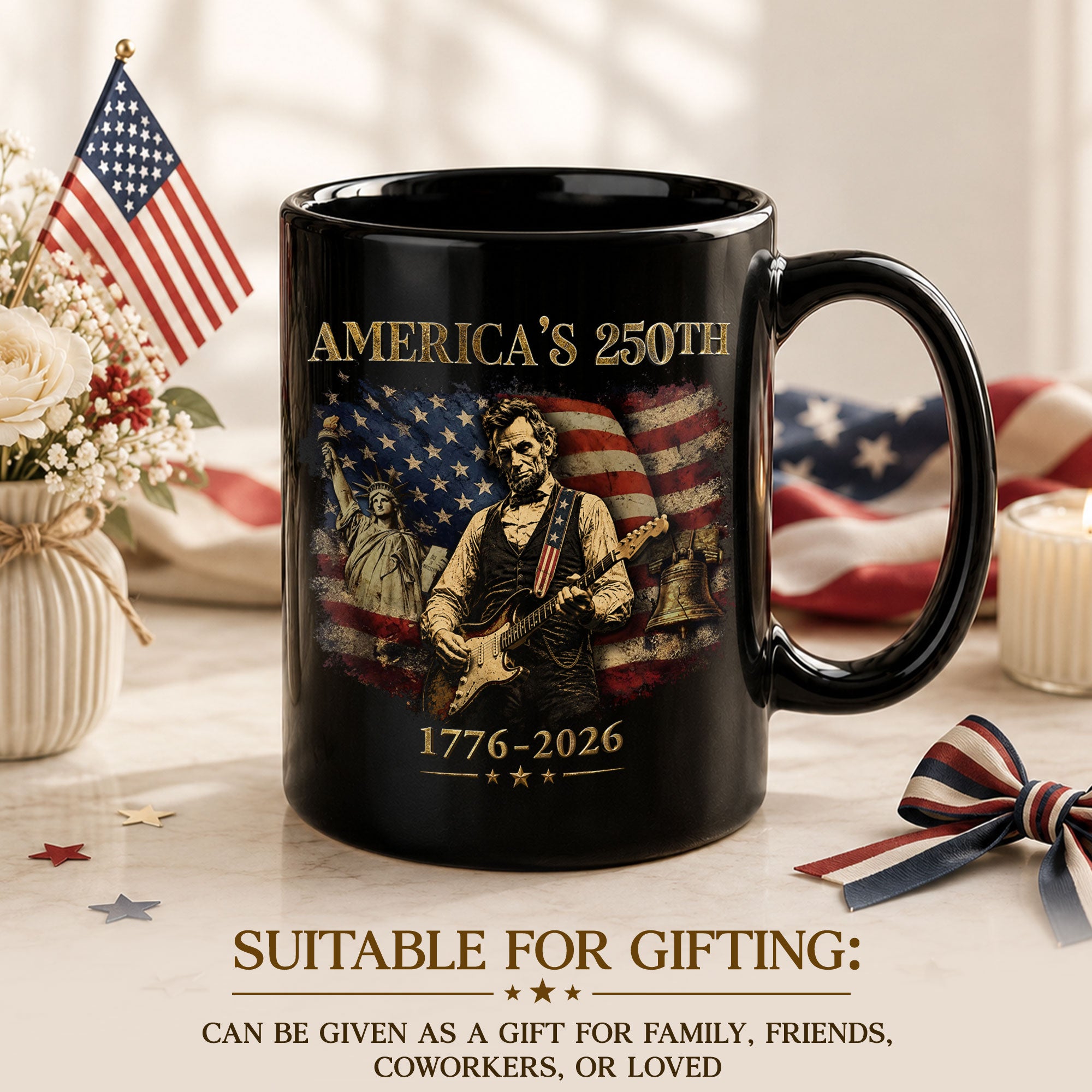 Historic USA 250th Anniversary 1776-2026 Lincoln Guitar Patriotic Symbols Mug Gift