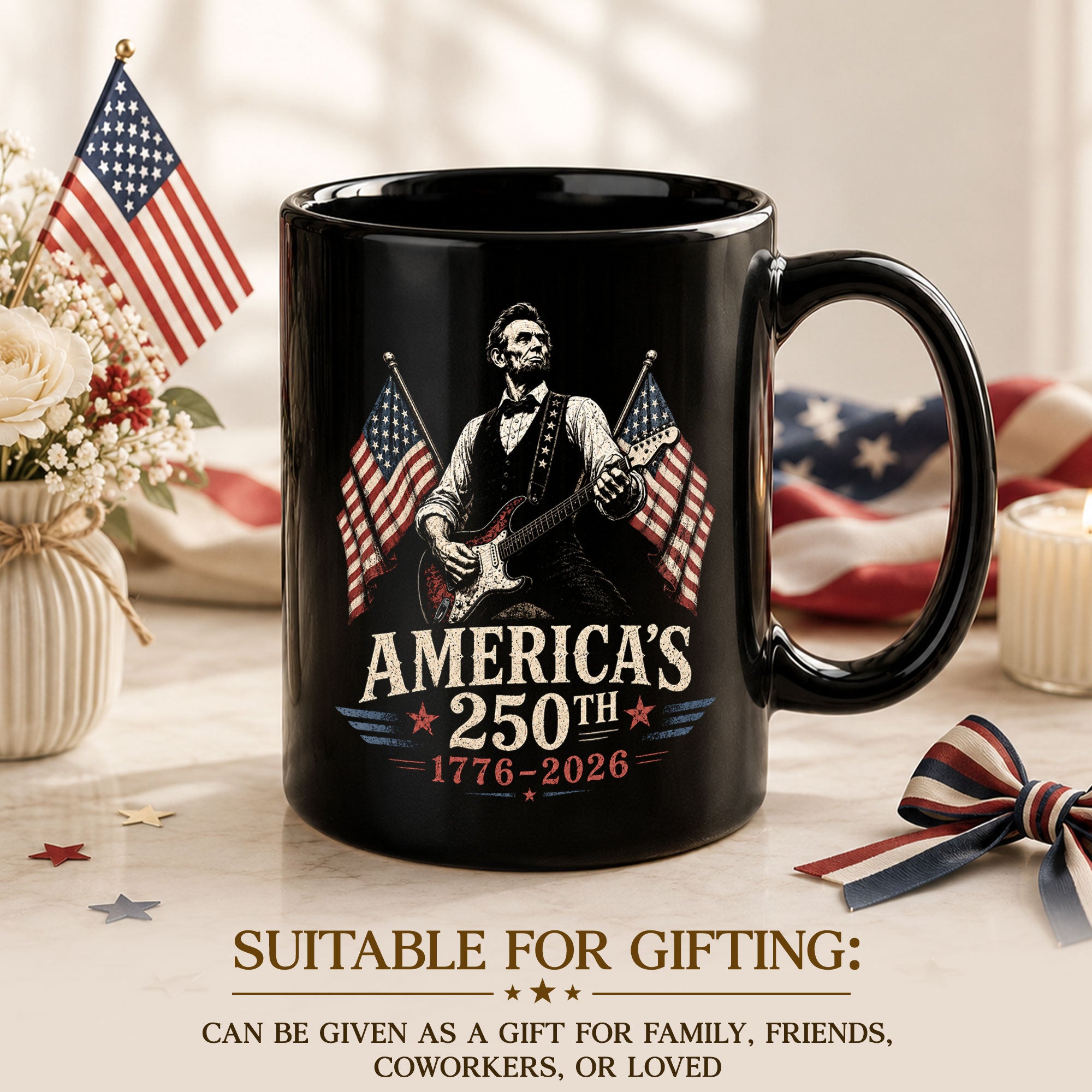 1776 2026 Mug 250th Abraham Lincoln Rock Guitar Patriotic American Ceramic Cup