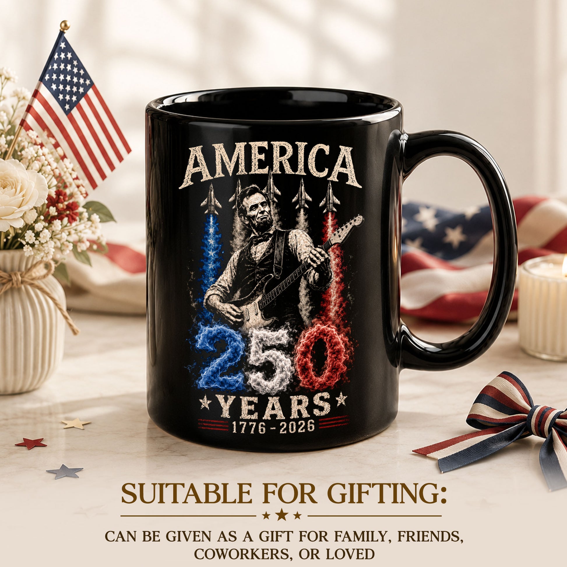 250 Years 1776 2026 Mug Abraham Lincoln Fighter Jet Patriotic American Ceramic Cup - Rust Field Wear