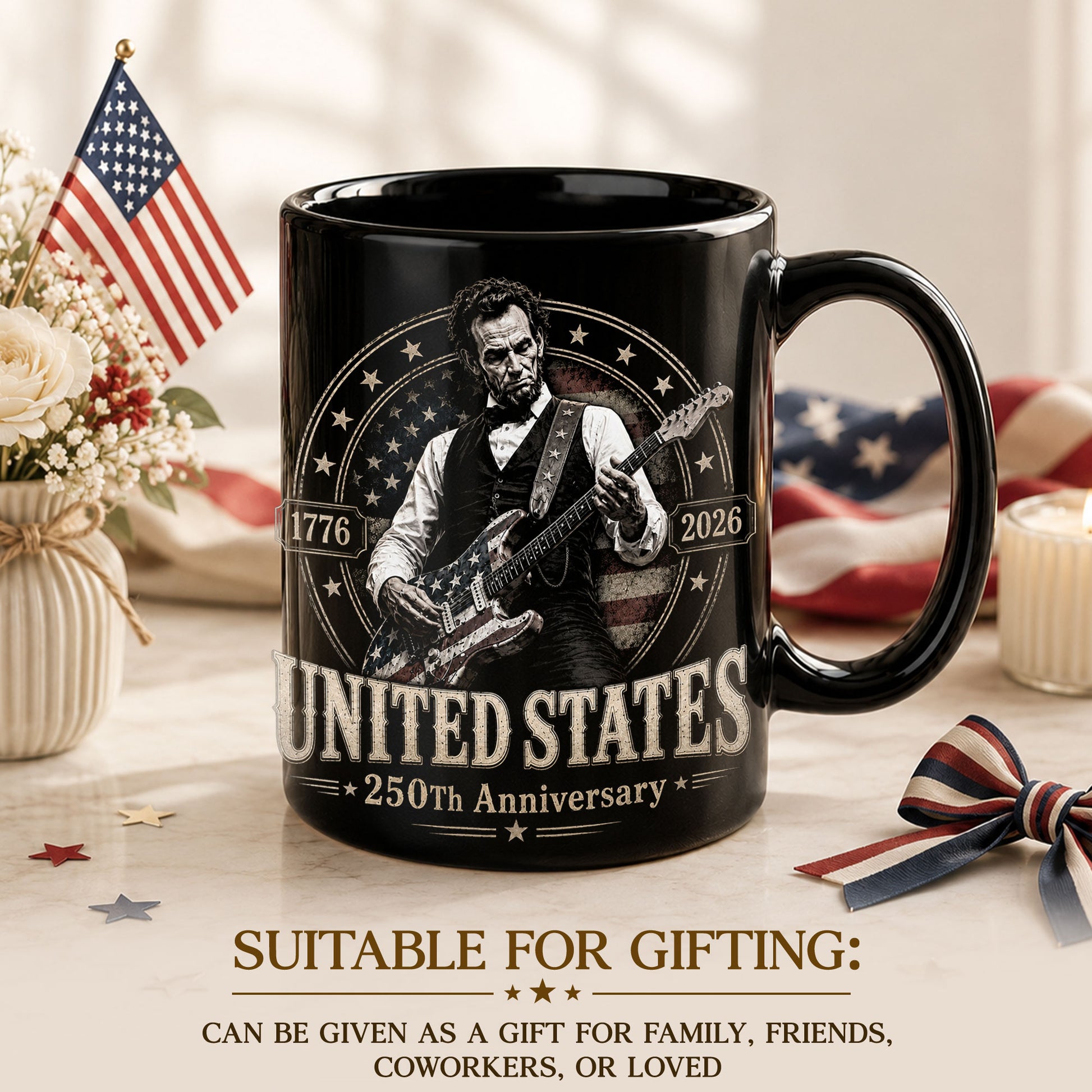 250 Years 1776 2026 Mug Abraham Lincoln Rock Guitar Patriotic Patriotic Ceramic Cup - Rust Field Wear