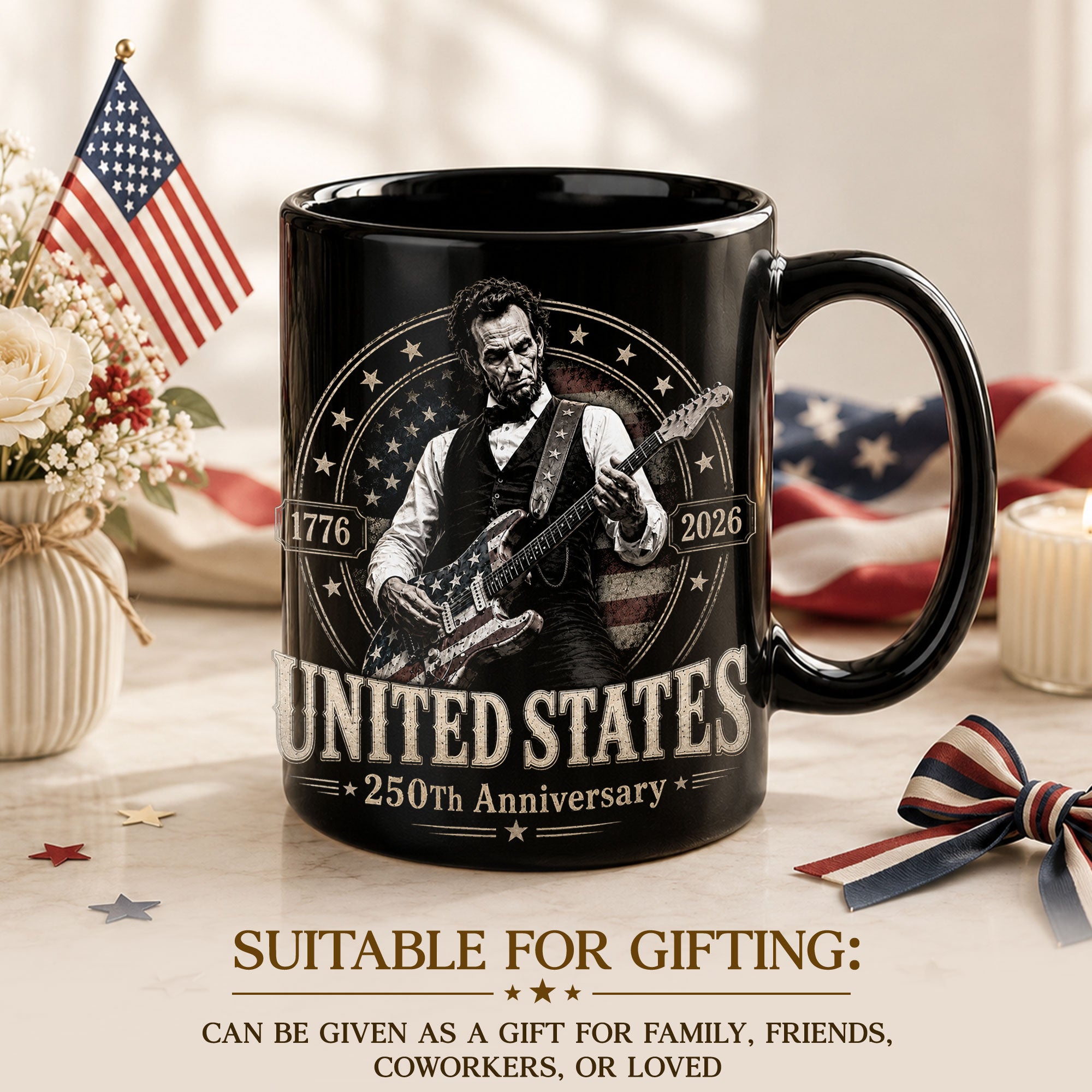 250 Years 1776 2026 Mug Abraham Lincoln Rock Guitar Patriotic Patriotic Ceramic Cup - Rust Field Wear