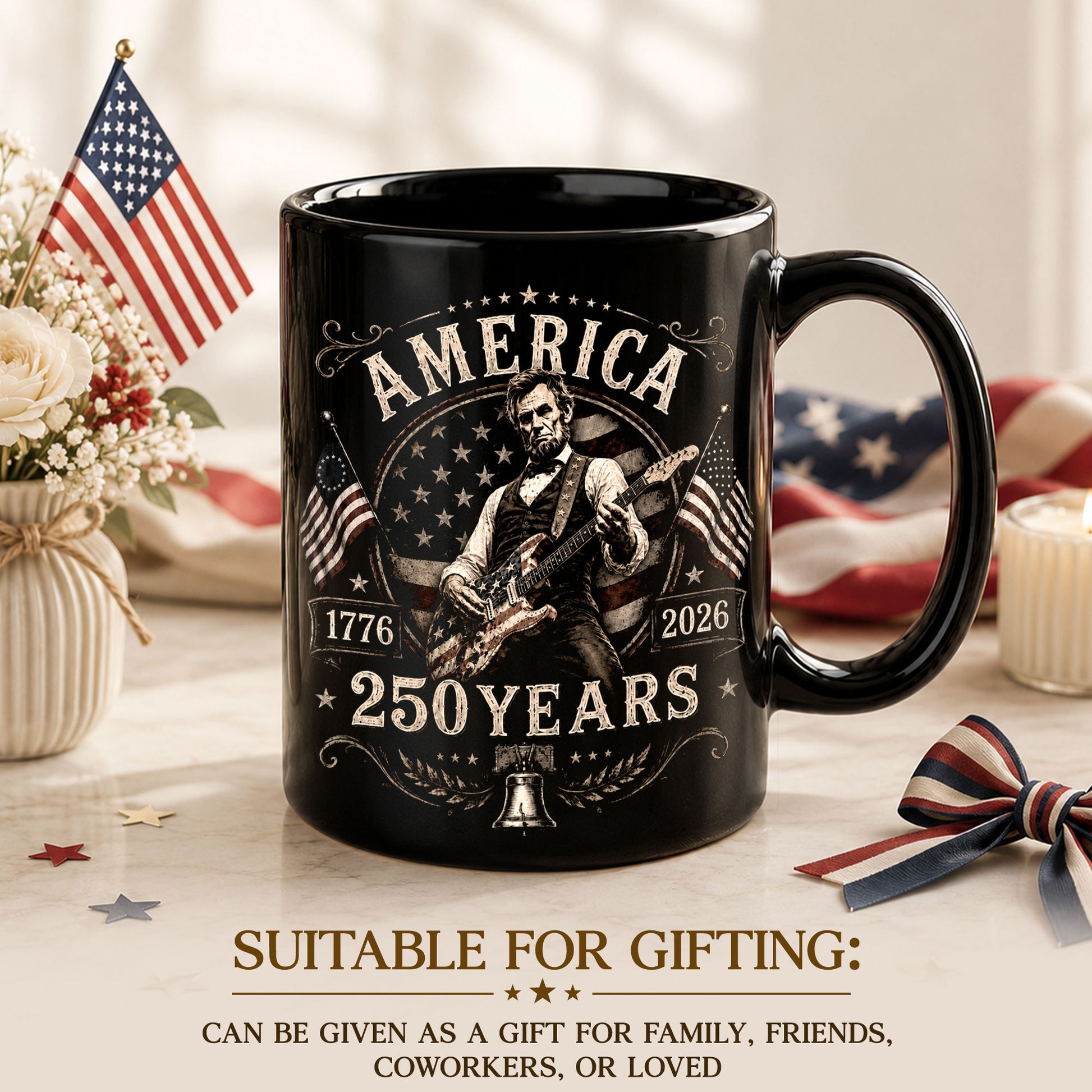 250 Years 1776 2026 Mug Abraham Lincoln Rock Guitar Liberty Bell Patriotic Cup Gift - Rust Field Wear