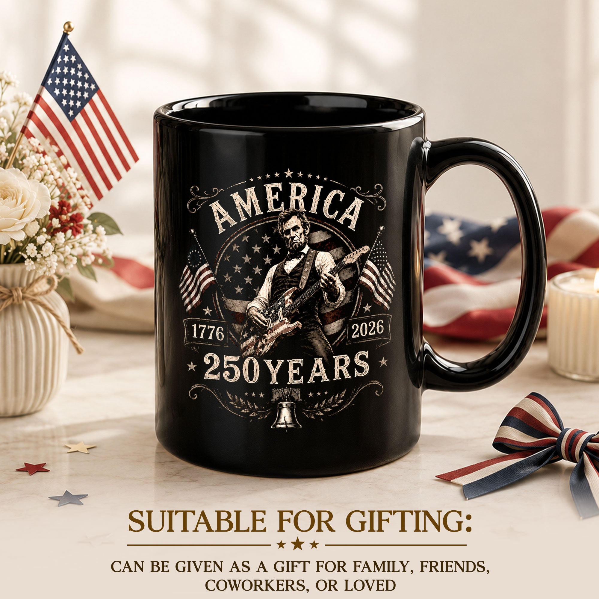250 Years 1776 2026 Mug Abraham Lincoln Rock Guitar Liberty Bell Patriotic Cup Gift