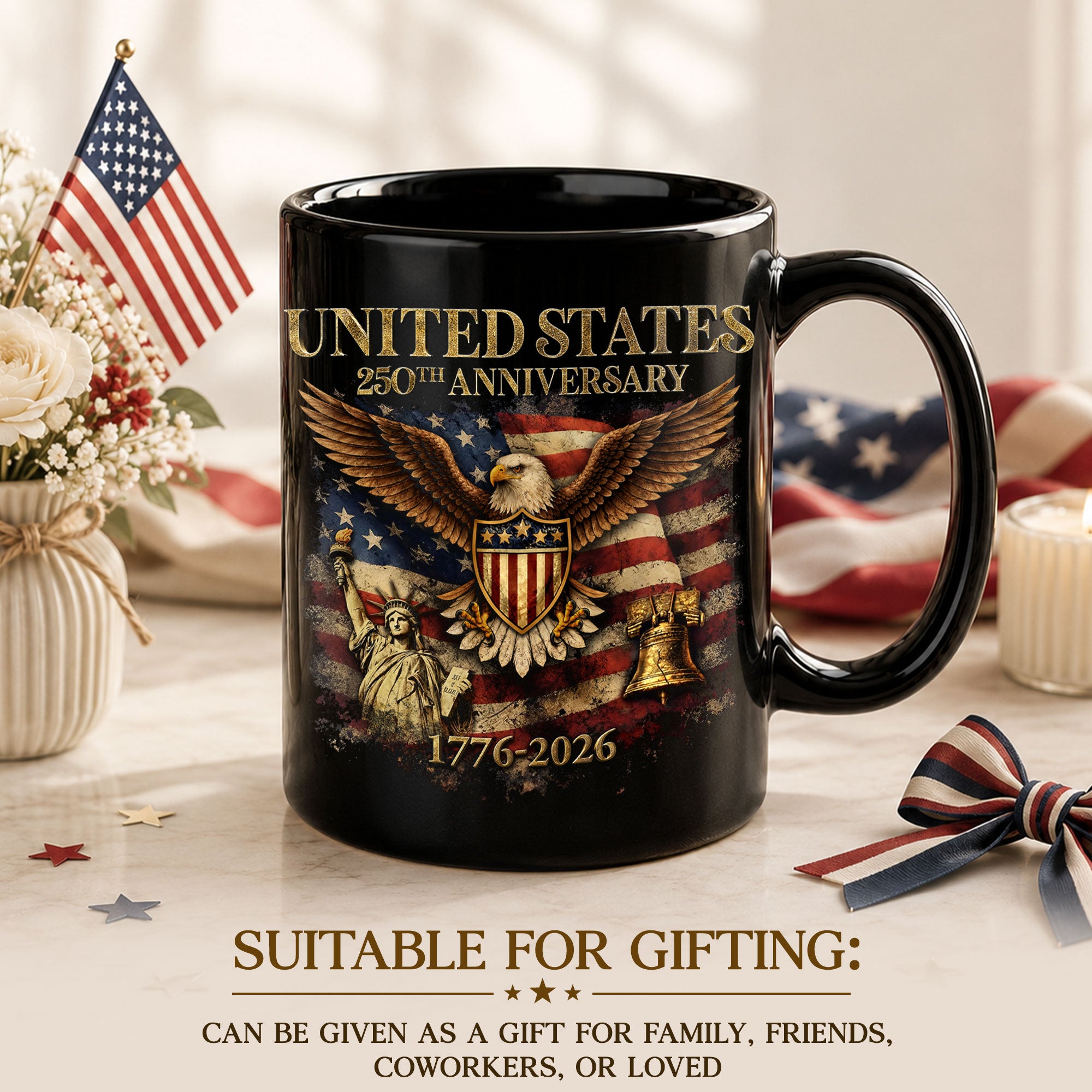 USA 250 Years 1776-2026 Patriotic Symbols Statue of Liberty Eagle Anniversary Mug - Rust Field Wear
