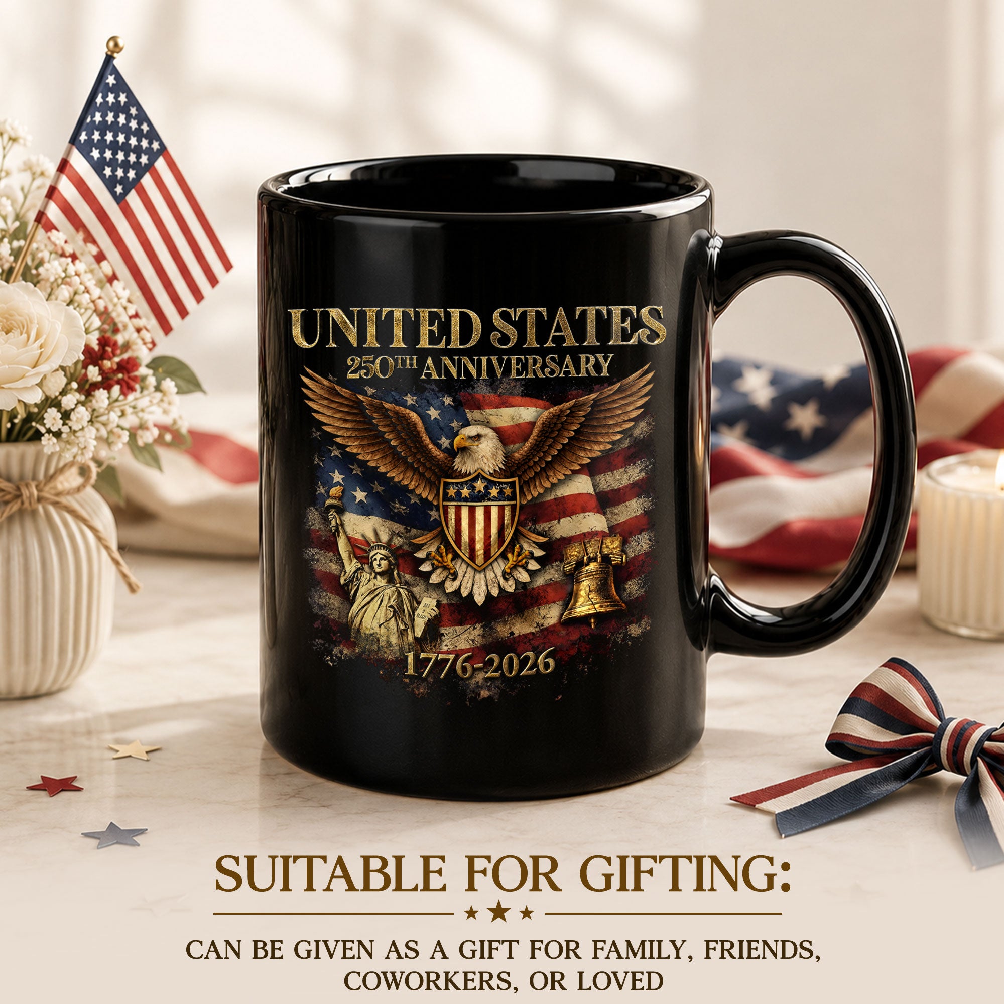 USA 250 Years 1776-2026 Patriotic Symbols Statue of Liberty Eagle Anniversary Mug
