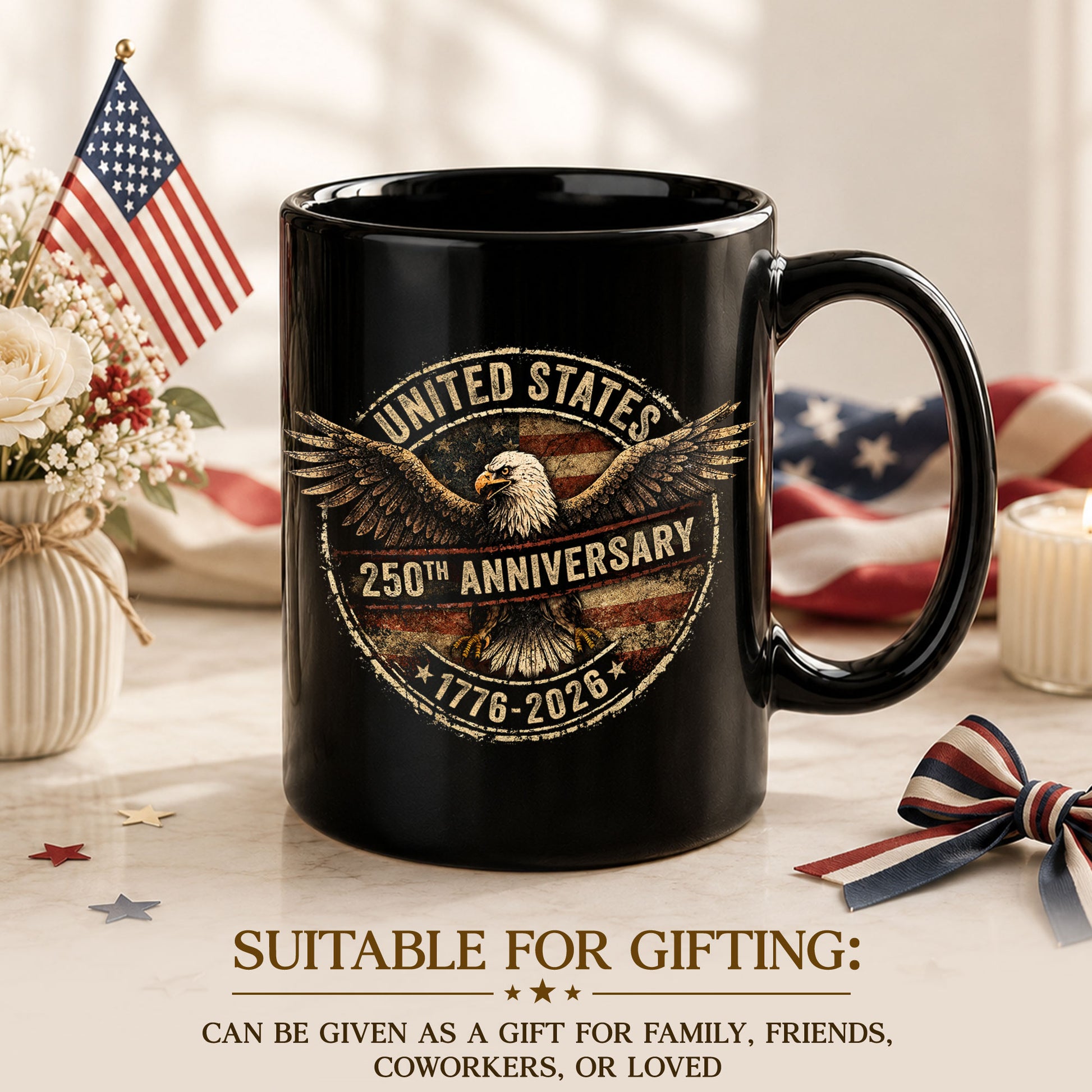 Vintage US 250th Anniversary 1776-2026 American Eagle Flag Commemorative Mug - Rust Field Wear