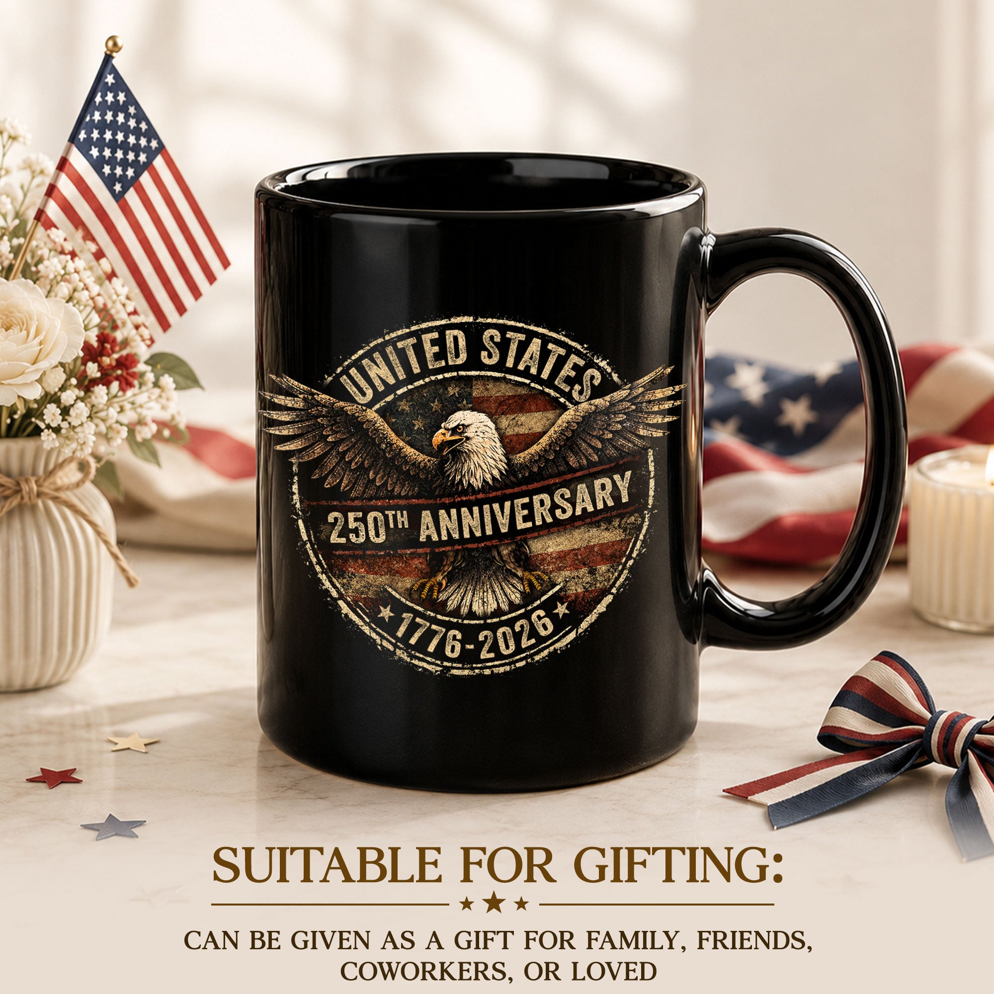 Vintage US 250th Anniversary 1776-2026 American Eagle Flag Commemorative Mug - Rust Field Wear