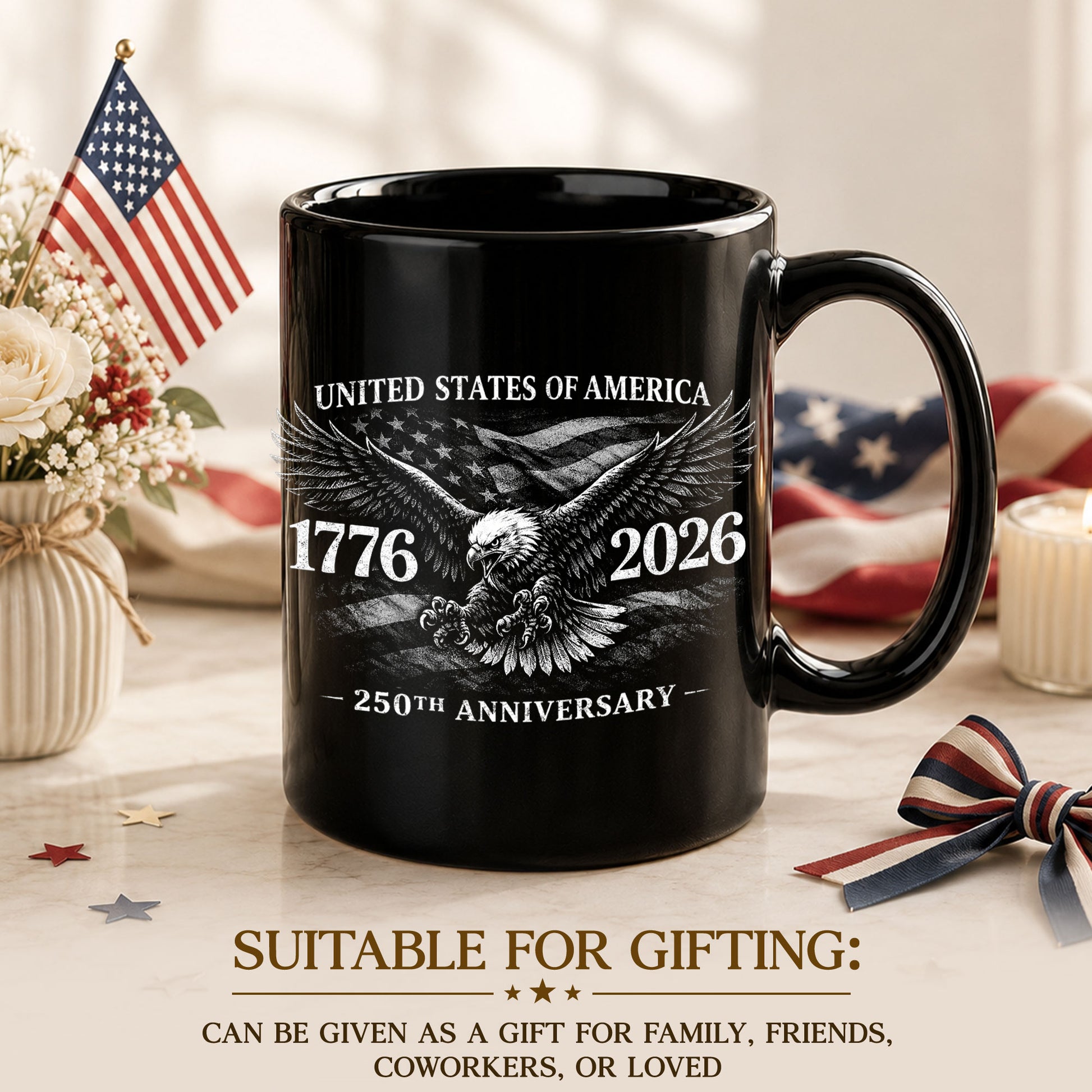 United States 250th Anniversary 1776-2026 Patriotic Eagle Commemorative Black Mug - Rust Field Wear