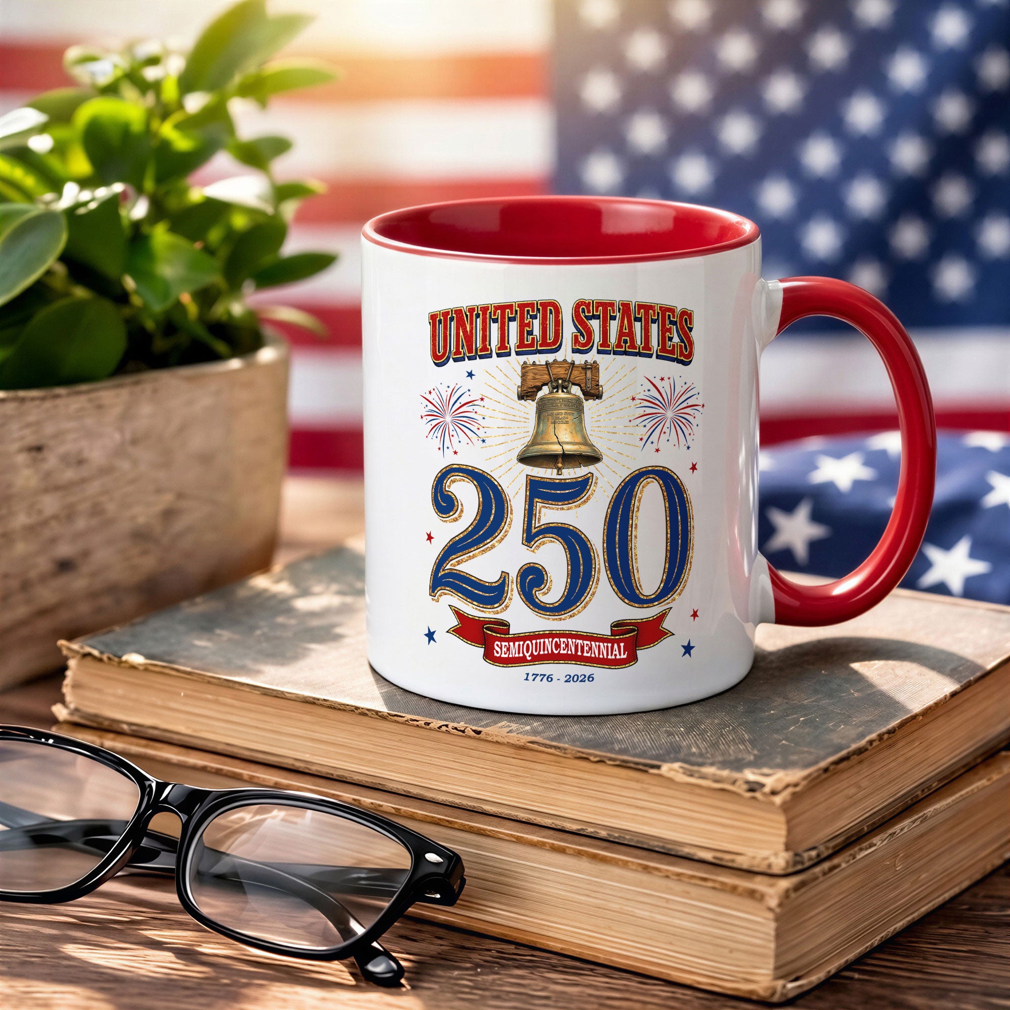 United States 1776 2026 Accent Mug Liberty Bell Patriotic Fireworks Gift Cup