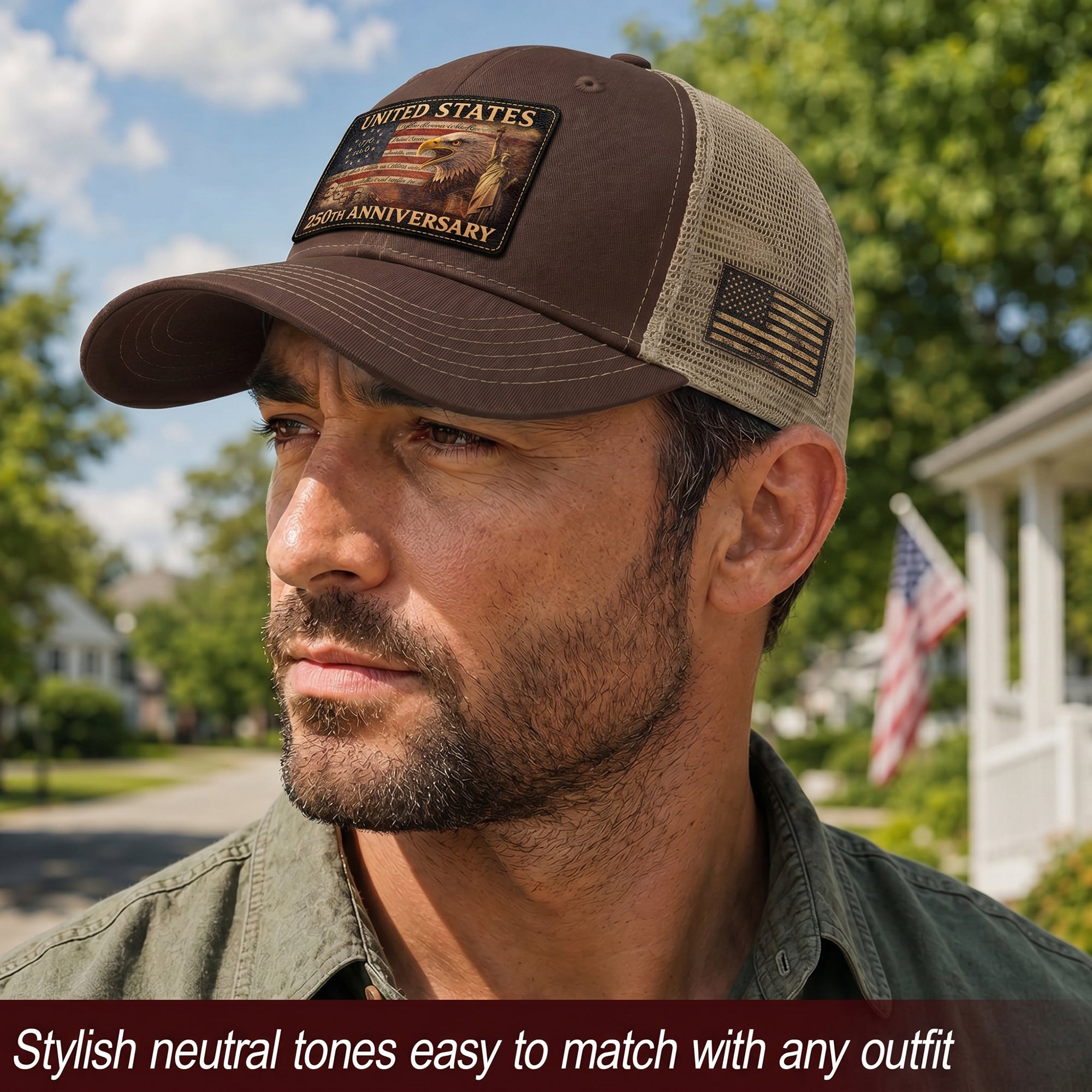 United States 250th Anniversary Leather Patch Hat Patriotic Eagle Mesh Trucker Cap