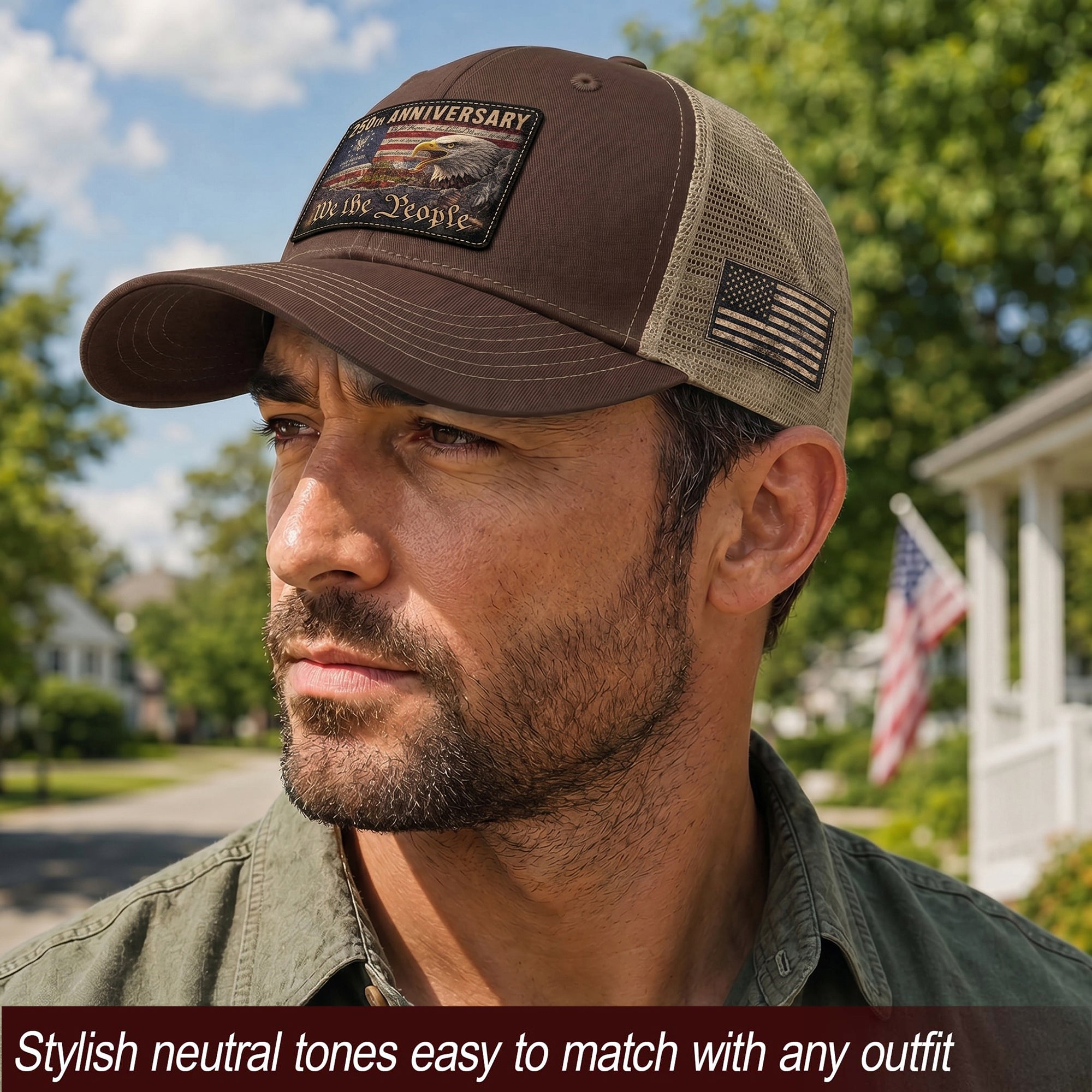 Patriotic Leather Patch Cap We The People 250th Anniversary Graphic Mesh Back Hat
