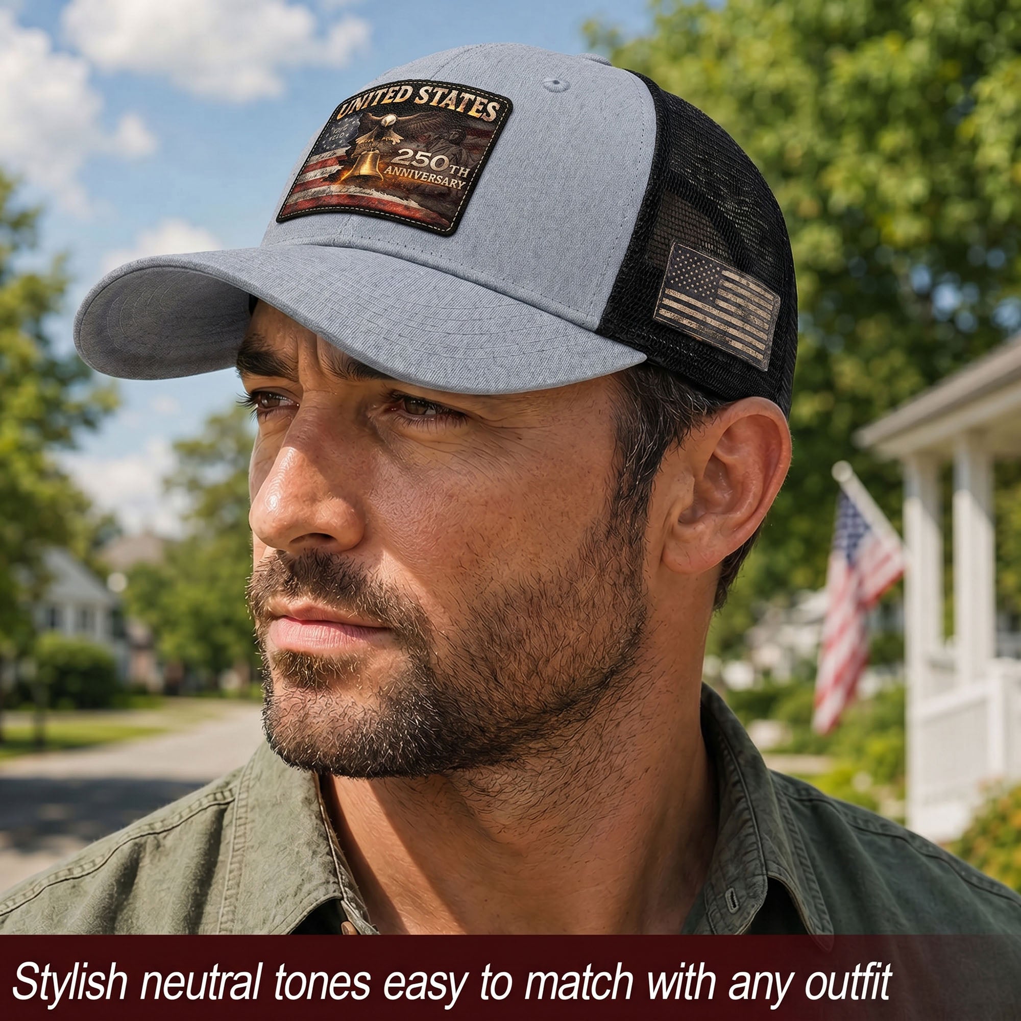 United States 250th Anniversary Leather Patch Hat Patriotic Eagle Bell Mesh Cap