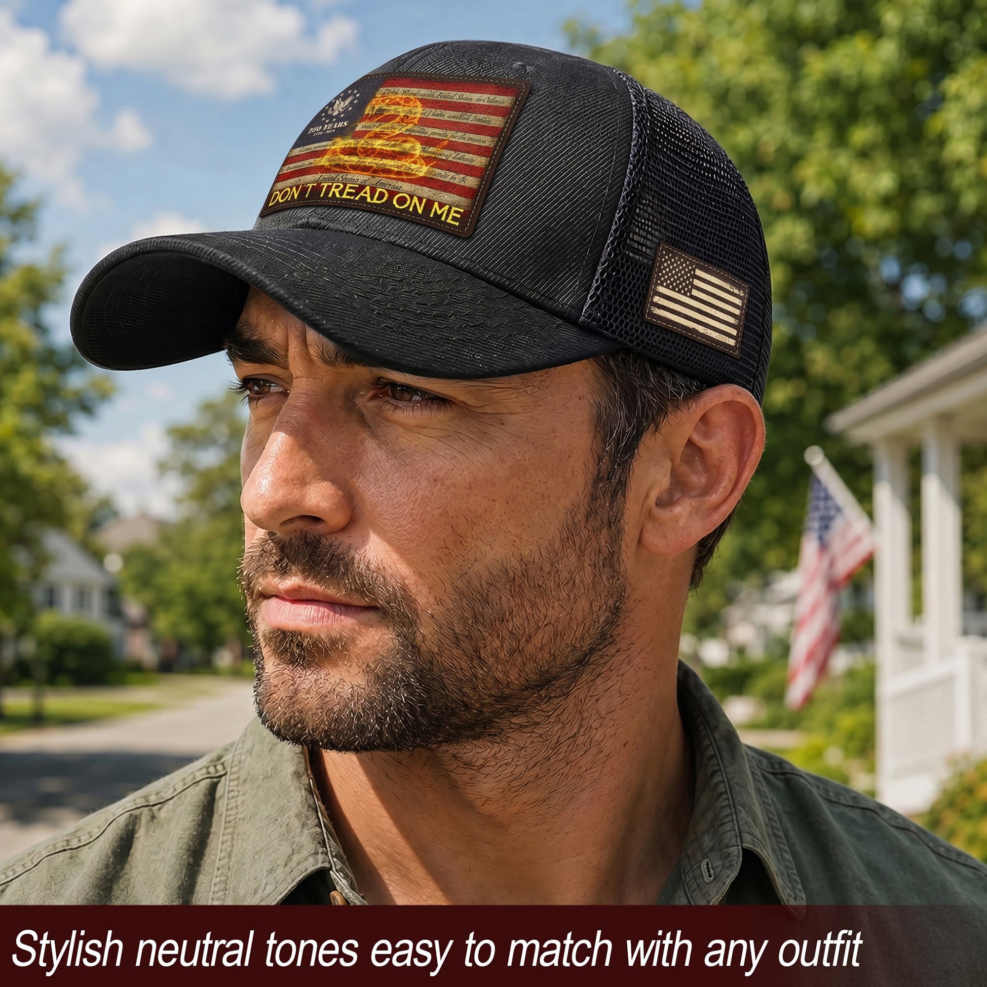 Don’t Tread On Me Leather Patch Hat 250th Anniversary Patriotic Mesh Trucker Cap