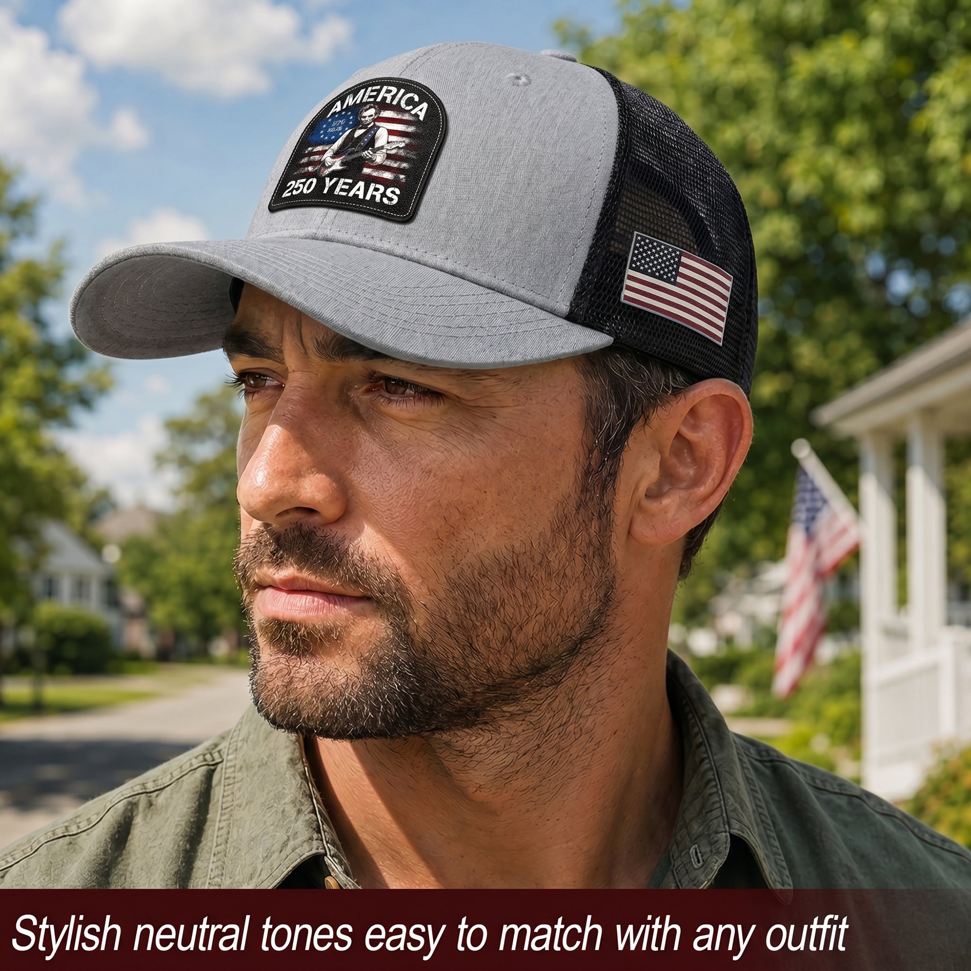 Lincoln Guitar Patch Hat America 250 Years 1776-2026 Patriotic Trucker Cap Mesh Back
