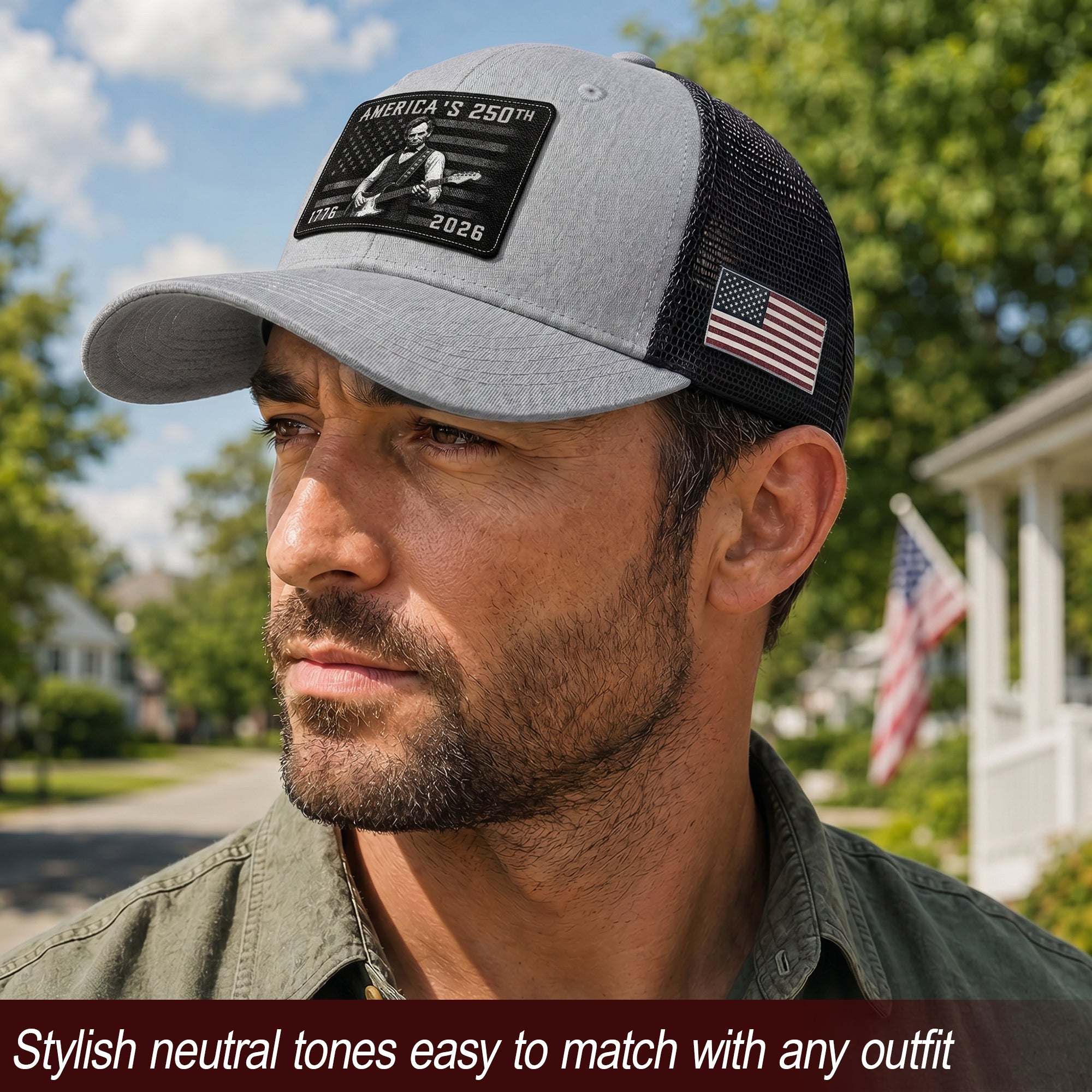 Grey Lincoln Guitar Anniversary Hat 1776-2026 Patriotic Trucker Cap - Iconic Design