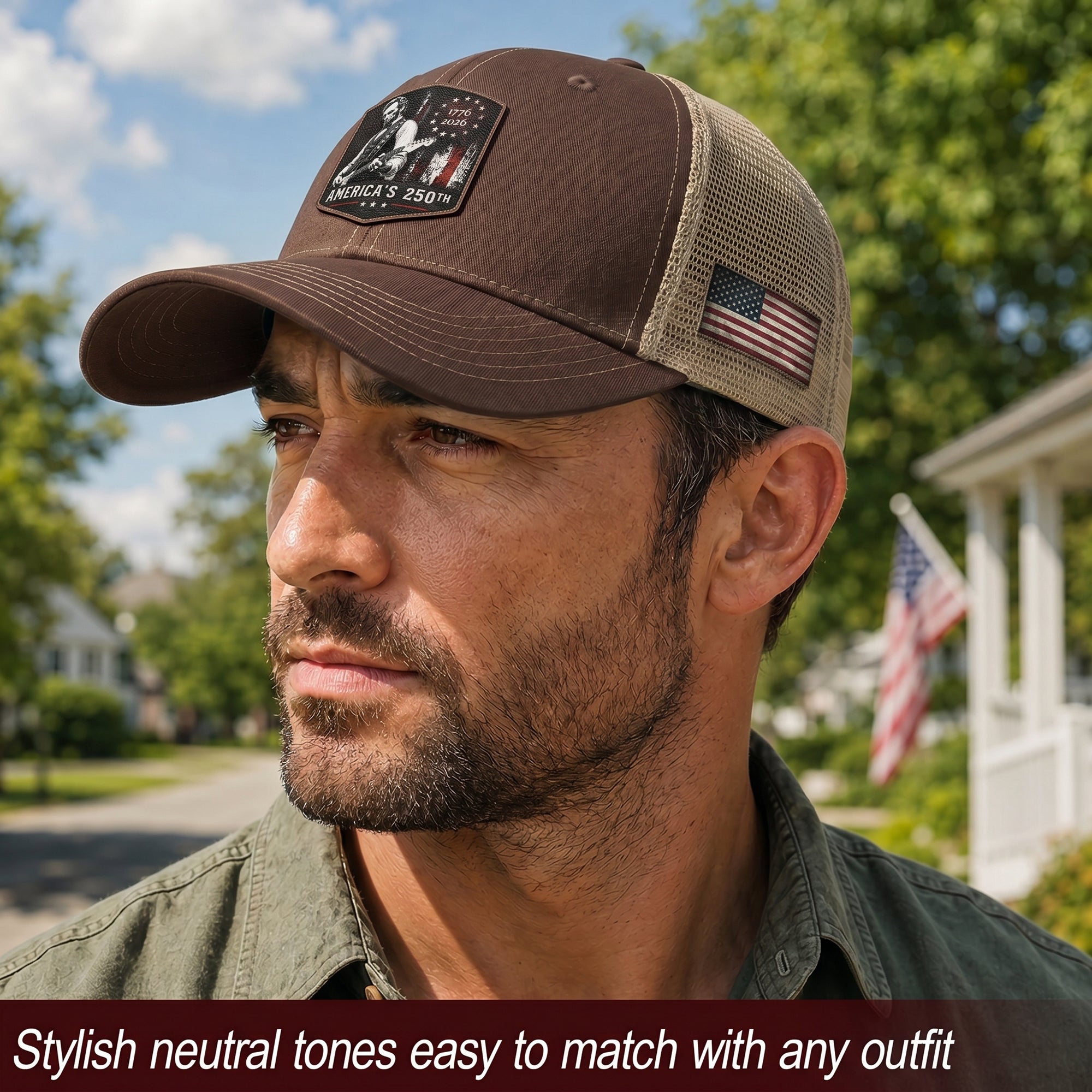 Lincoln Guitar 250th Anniversary Brown Hat 1776-2026 USA Patriotic Trucker Cap