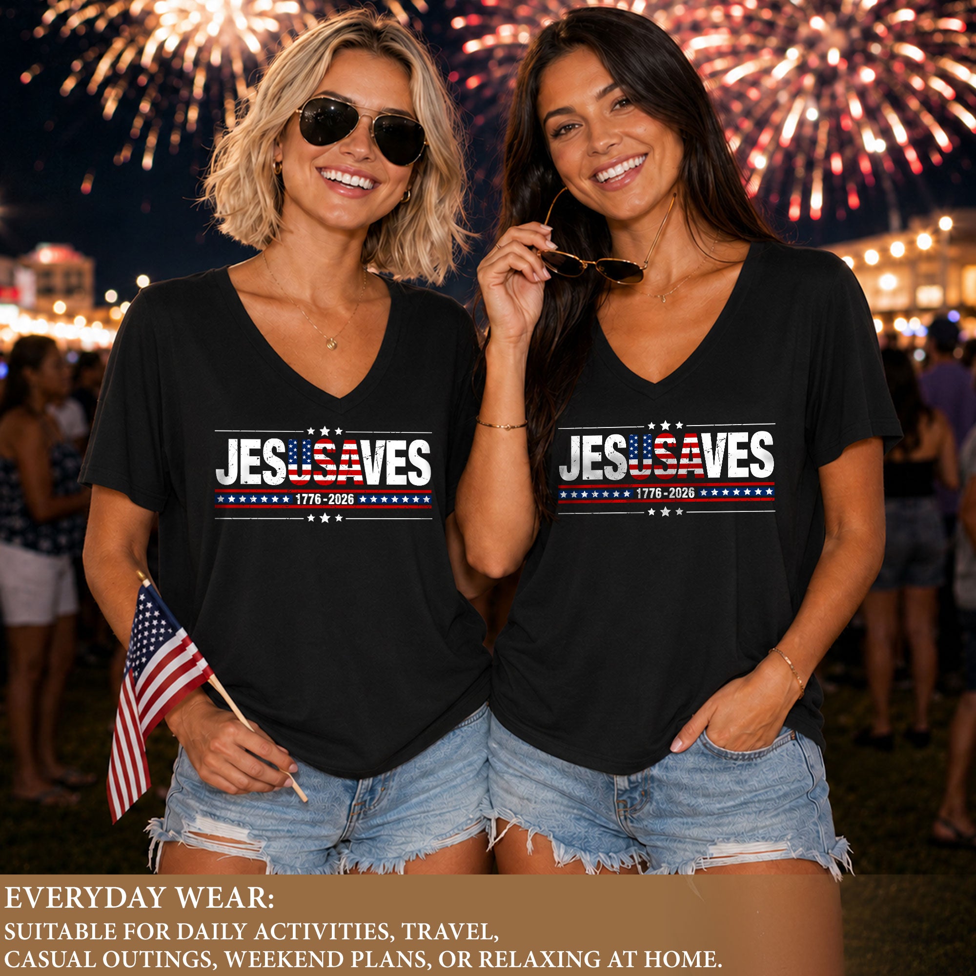 JESUSAVES 1776-2026 Patriotic V-Neck Tee - Women's Graphic Summer Casual Shirt Top