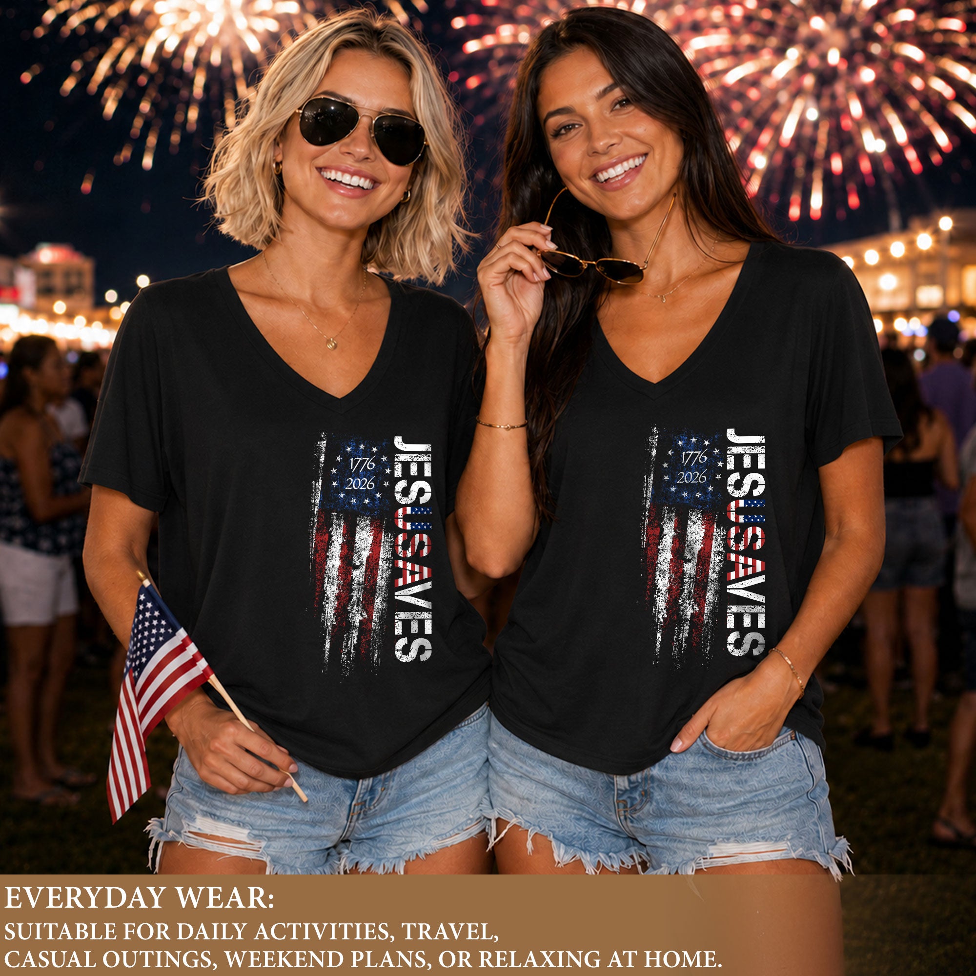 JESUSAVES Vertical 1776-2026 V-Neck Tee - Women's Graphic Patriotic Summer Shirt